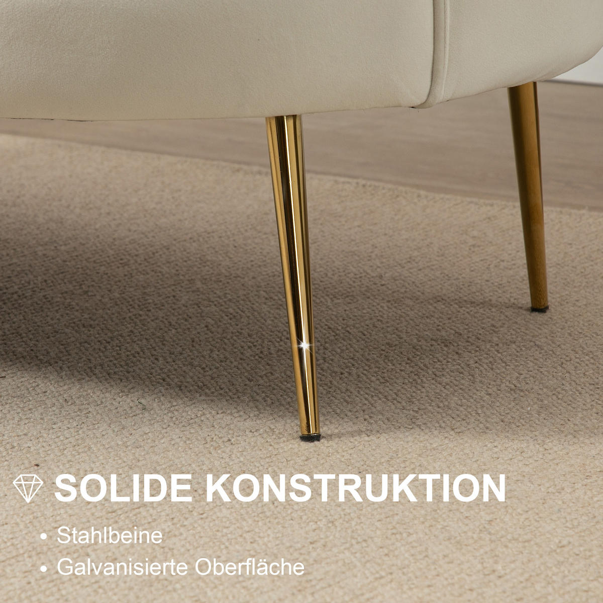 2 Sitzer Sofa, Couch, gepolsterter Polstersofa mit Armlehne, Samtopik Creme - Goldfarben/Creme, Textil/Metall (77/77/130cm) - HOMCOM