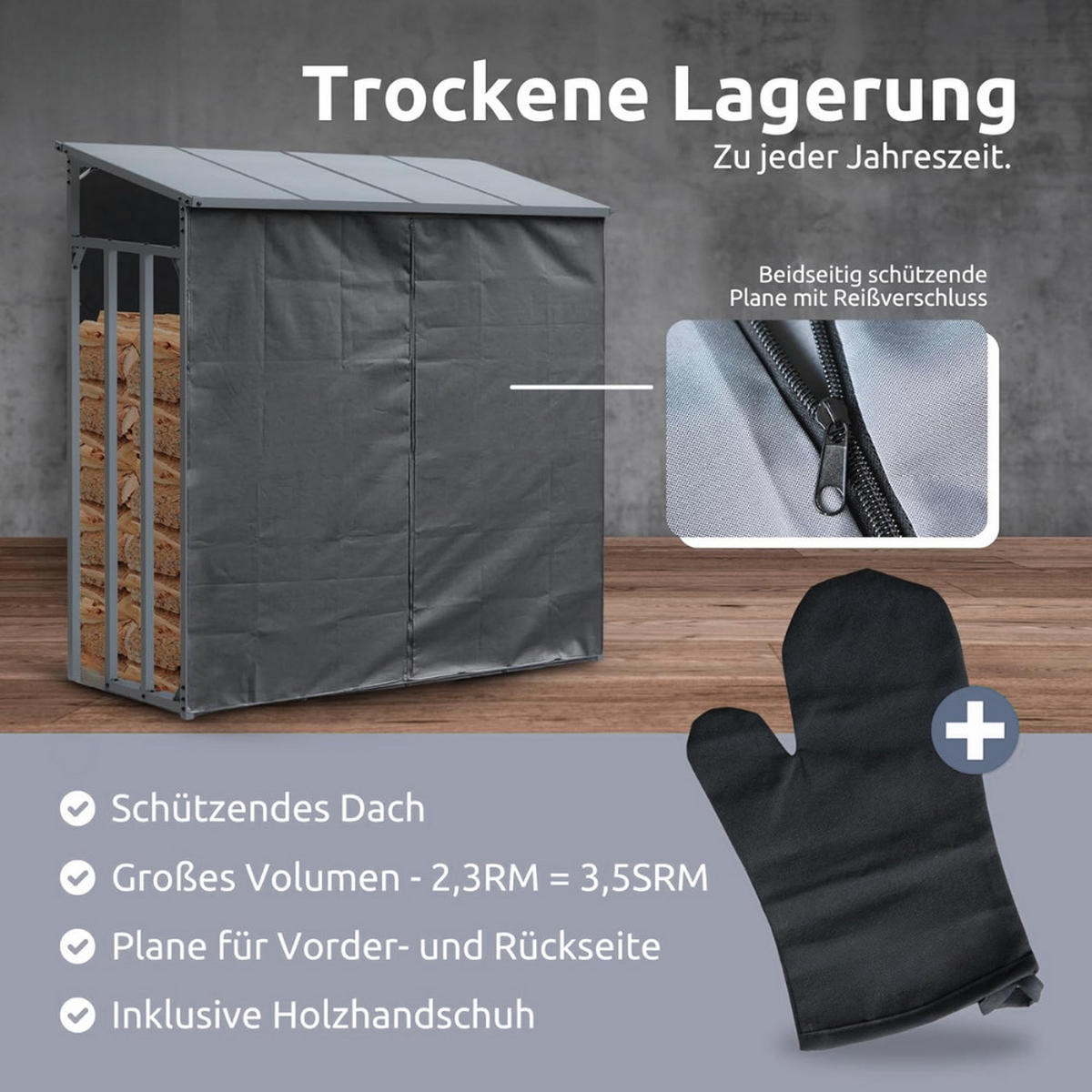 KAMINHOLZREGAL Außen mit Dach ELOS 182x70x185 cminkl. Ofenhandschuh - Anthrazit, Metall (182/185/70cm) - DELUKE