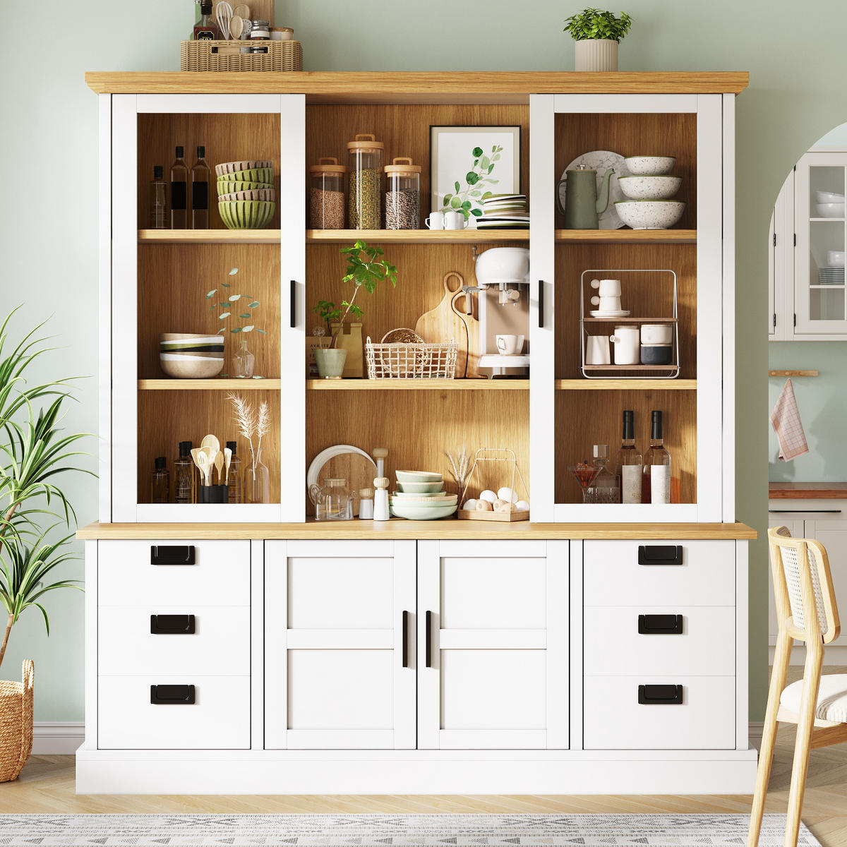 KÜCHENSCHRANK 140x185Cm 6 Schubladen Glastüren - Weiß, Holzwerkstoff (140/185/40cm) - FLIEKS