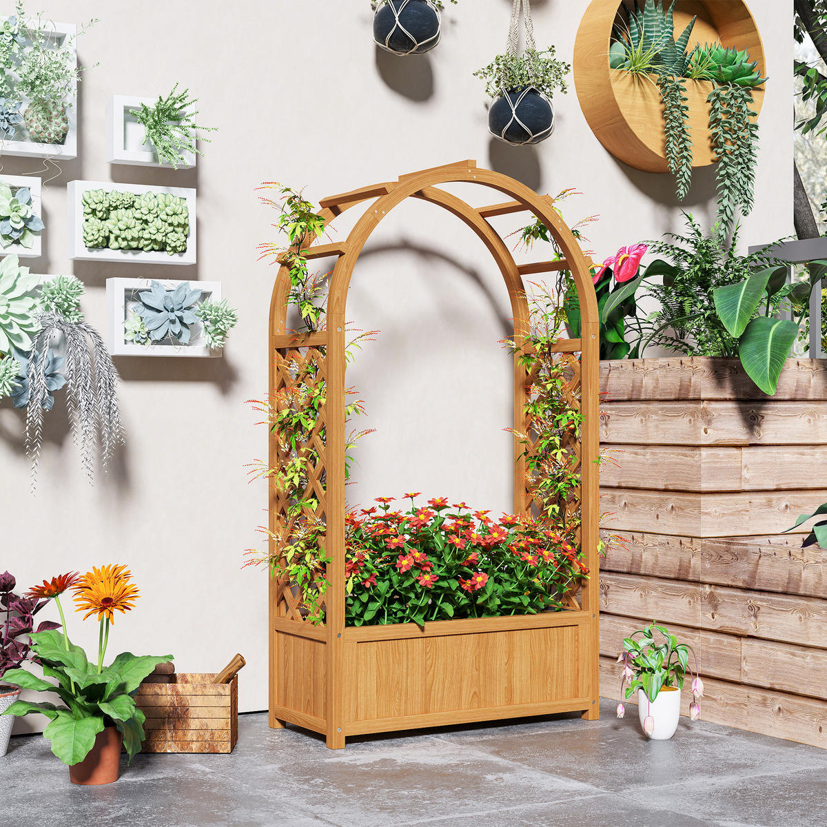 HOCHBEET DE-05380 Mit Rankgitter, Bogen, Vlies Hellbraun - Braun, Holz (83/145/36cm) - ComfortXL