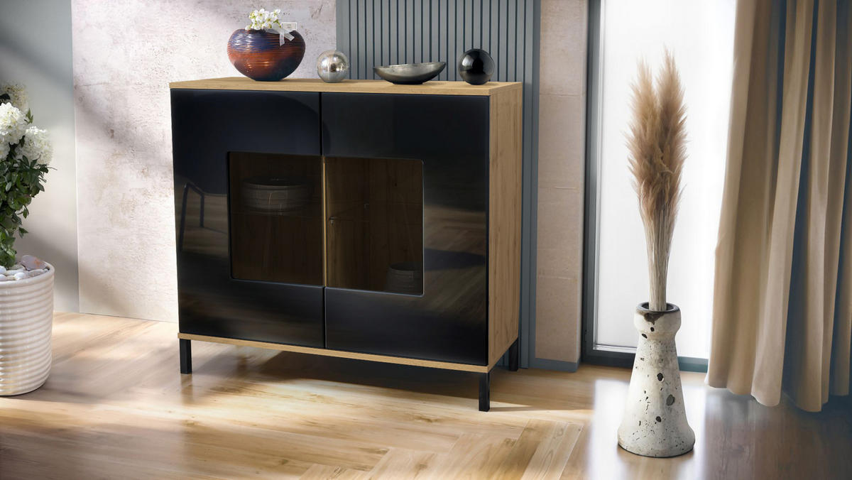 KOMMODE Grömitz Schwarz Hochglanz - Schwarz Hochglanz, Holzwerkstoff (92.5/83.5/35cm) - Vladon