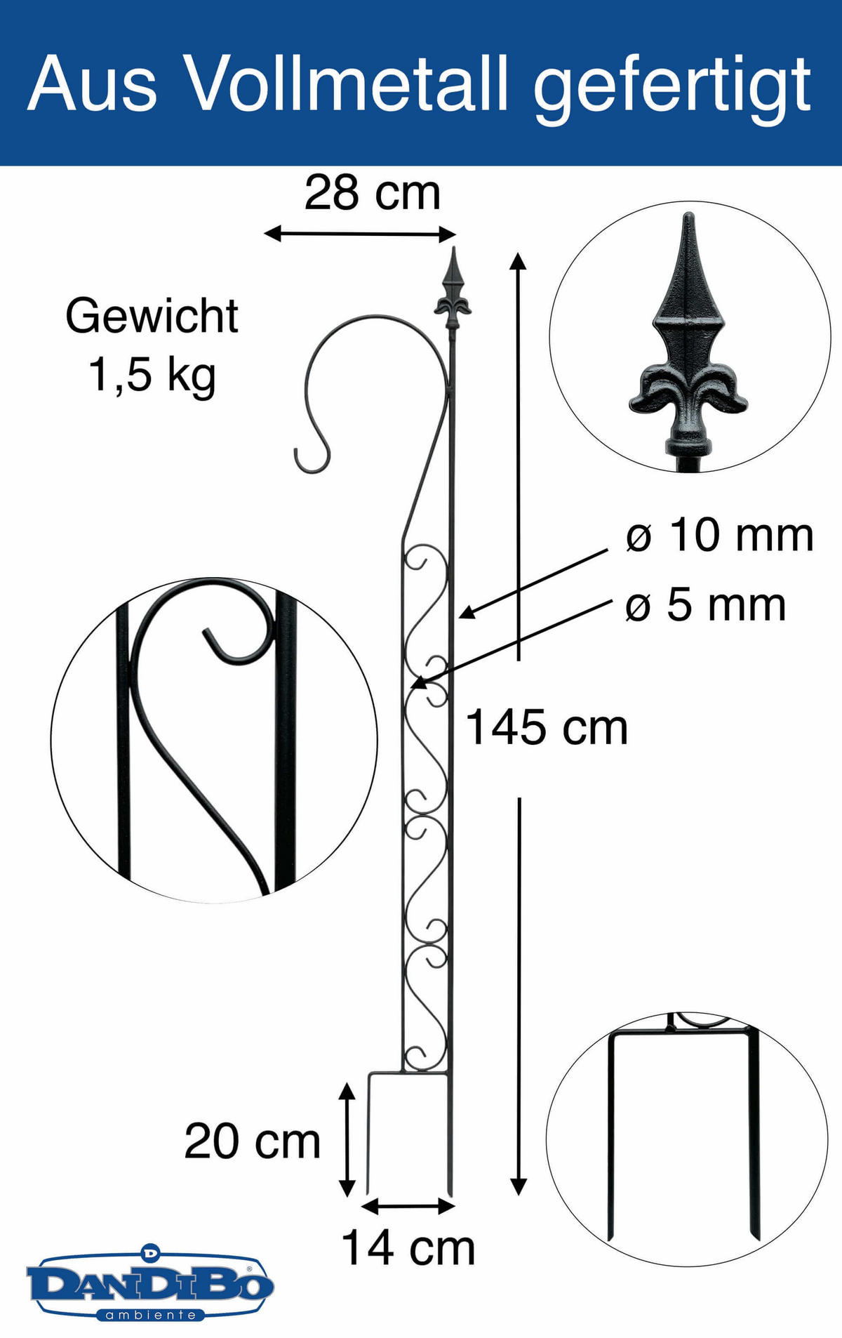 RANKHILFE mit 1 Halter Garten Metall Schwarz 145 cm - Schwarz, Metall (28/145/2.5cm) - DanDiBo