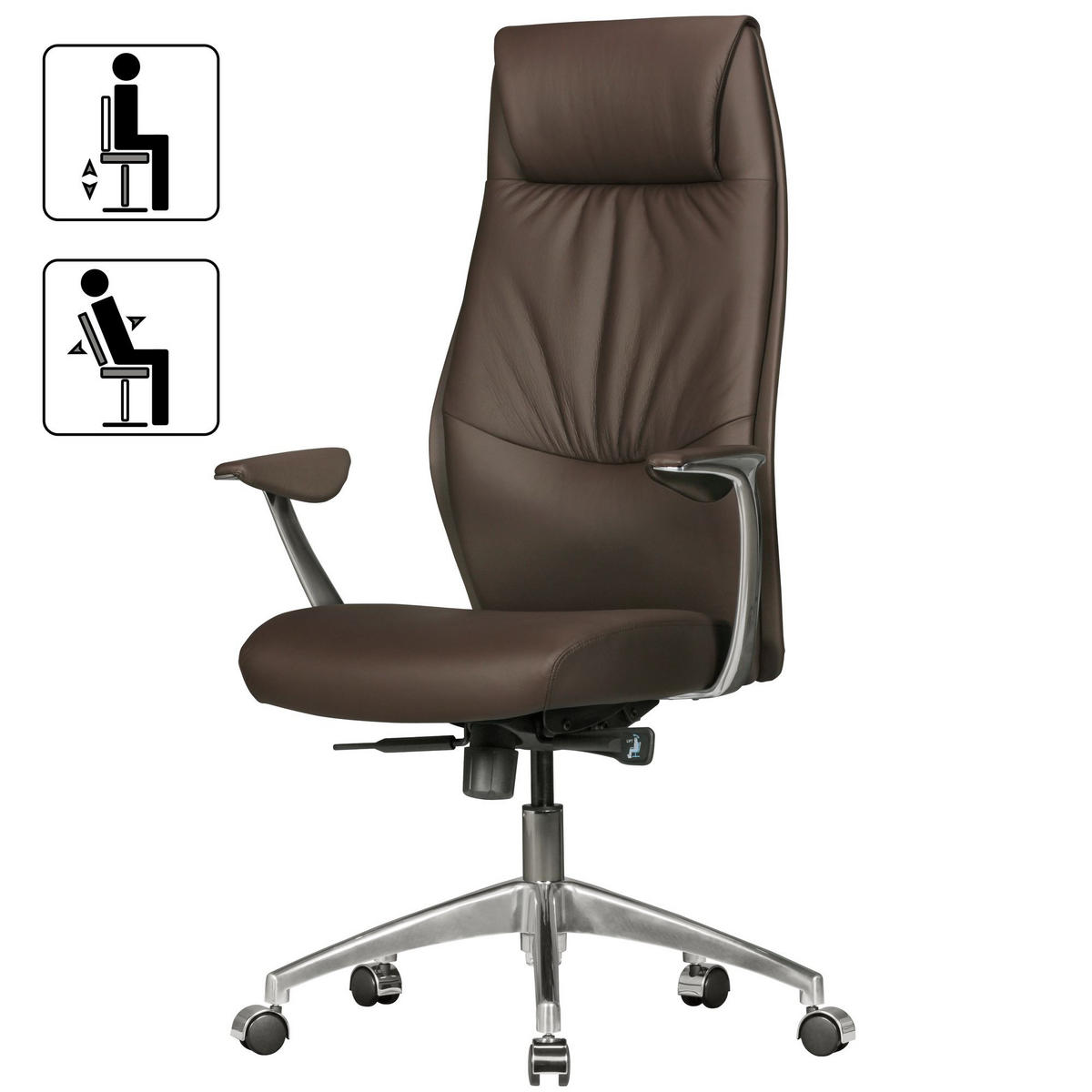 BÜROSTUHL Echtleder mit Synchronmechanik, Kopfstütze und hoher Rückenlehne, Braun 67x58x125 cm - Silberfarben/Braun, Leder/Metall (67/125/58cm) - KADIMA DESIGN