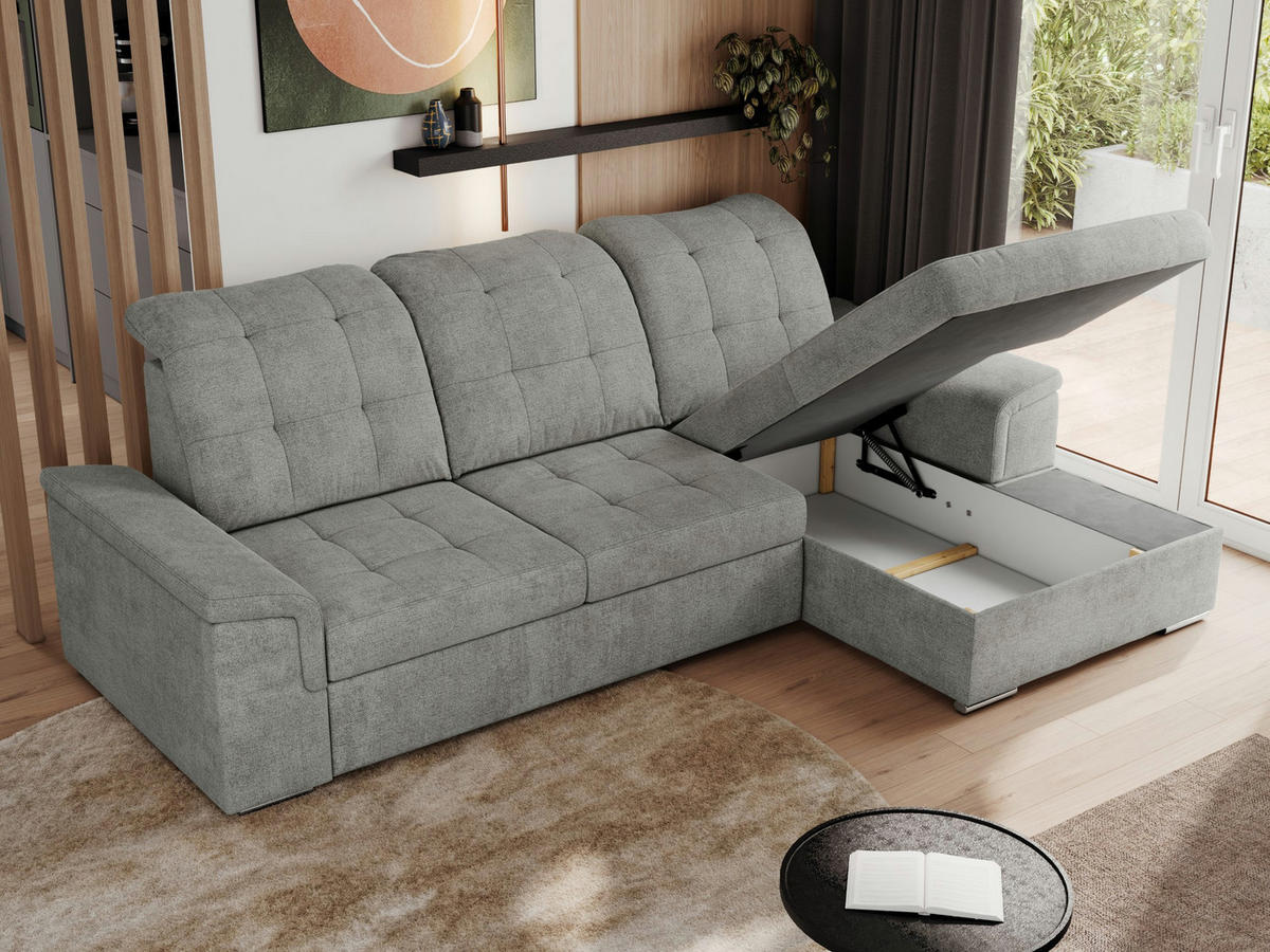 ECKSOFA MADRITO L - Hellgrau Struktur - Rechts - Silberfarben/Hellgrau, Textil/Metall (256/160cm)