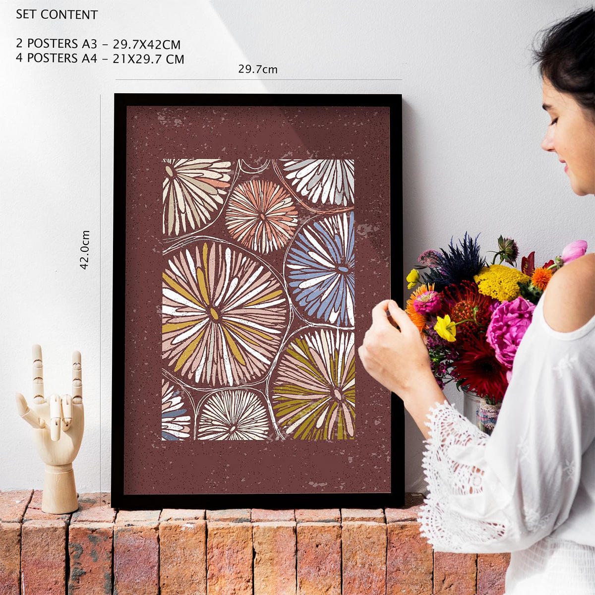 POSTER Set Mit 6 Drucken Von Blumen Im Ethnischen Drucke Sammlung Ästhetische Dekorative Rahmen Für Zuhause Wandkunstdruck A3 & A4 Schwarzer Rahmen - Schwarz, Papier (29/3cm) - Nacnic