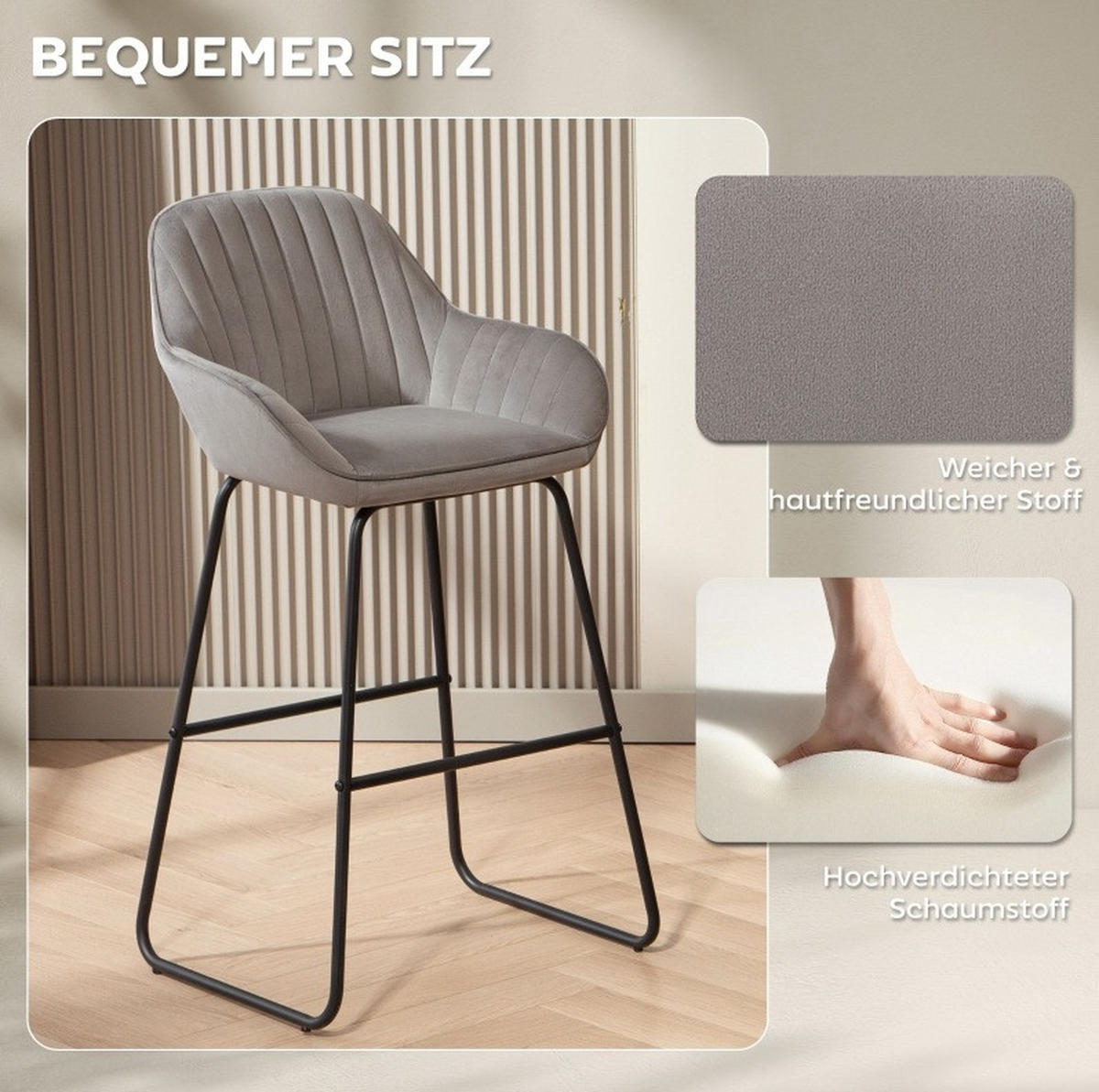 BARHOCKER 2er-Set mit Armlehnen 50,5 x 53 x 96 cm Polyester Grau - Grau, Metall (50.5/96/53cm) - Meubliv