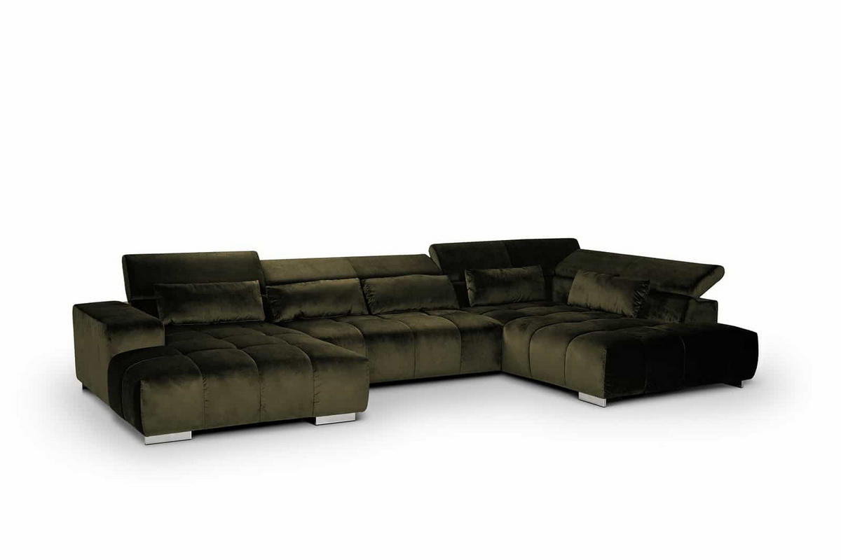 WOHNLANDSCHAFT XXL mit verstellbaren Kopflehnen, Velvet-Stoff - Silberfarben/Grün, Textil/Metall (225/73/409cm) - Cotta