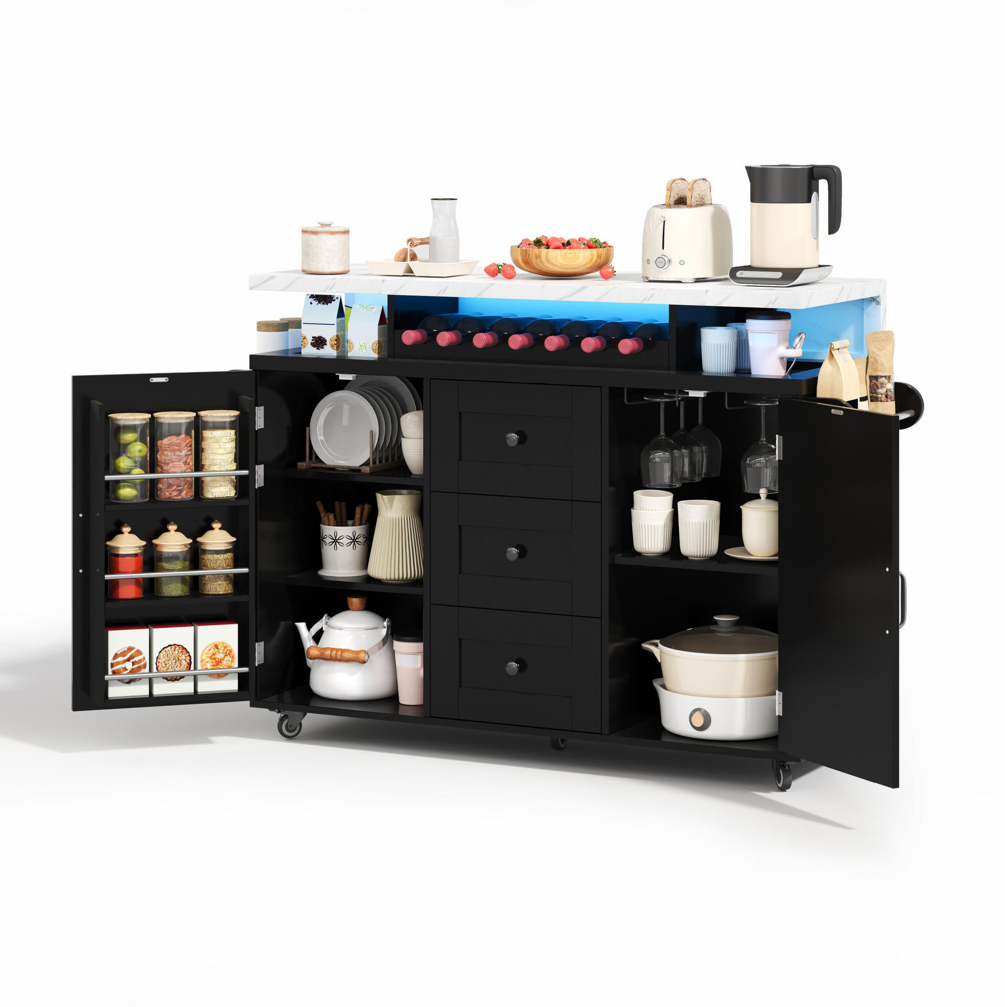 KÜCHENINSEL 138/60/93 cm schwarz aus MDF mit klappbarer Platte - Schwarz, Holzwerkstoff (138/93/60cm) - OKWISH