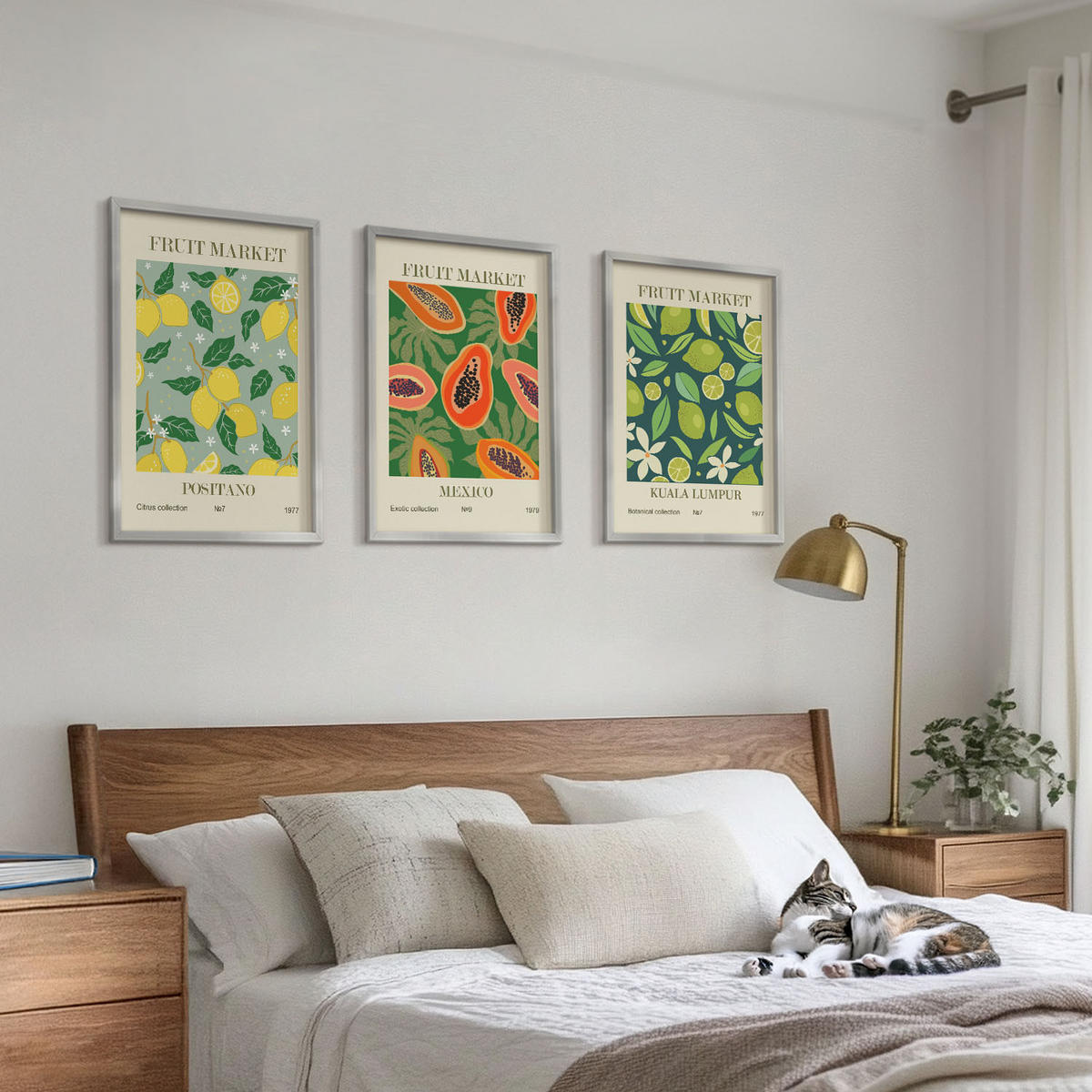 WANDBILDER 3er Set - 40x60 cm Silberner Rahmen - Fruchtige Zitronen- und Papayamuster - Silberfarben, Kunststoff (40/60cm) - ArtPrintCave