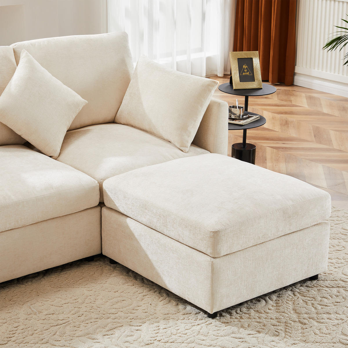 4-SITZER ECKSOFA Chenille Beige mit Hocker und Kissen - Beige, Holzwerkstoff/Kunststoff (216/161cm) - WISHDOR