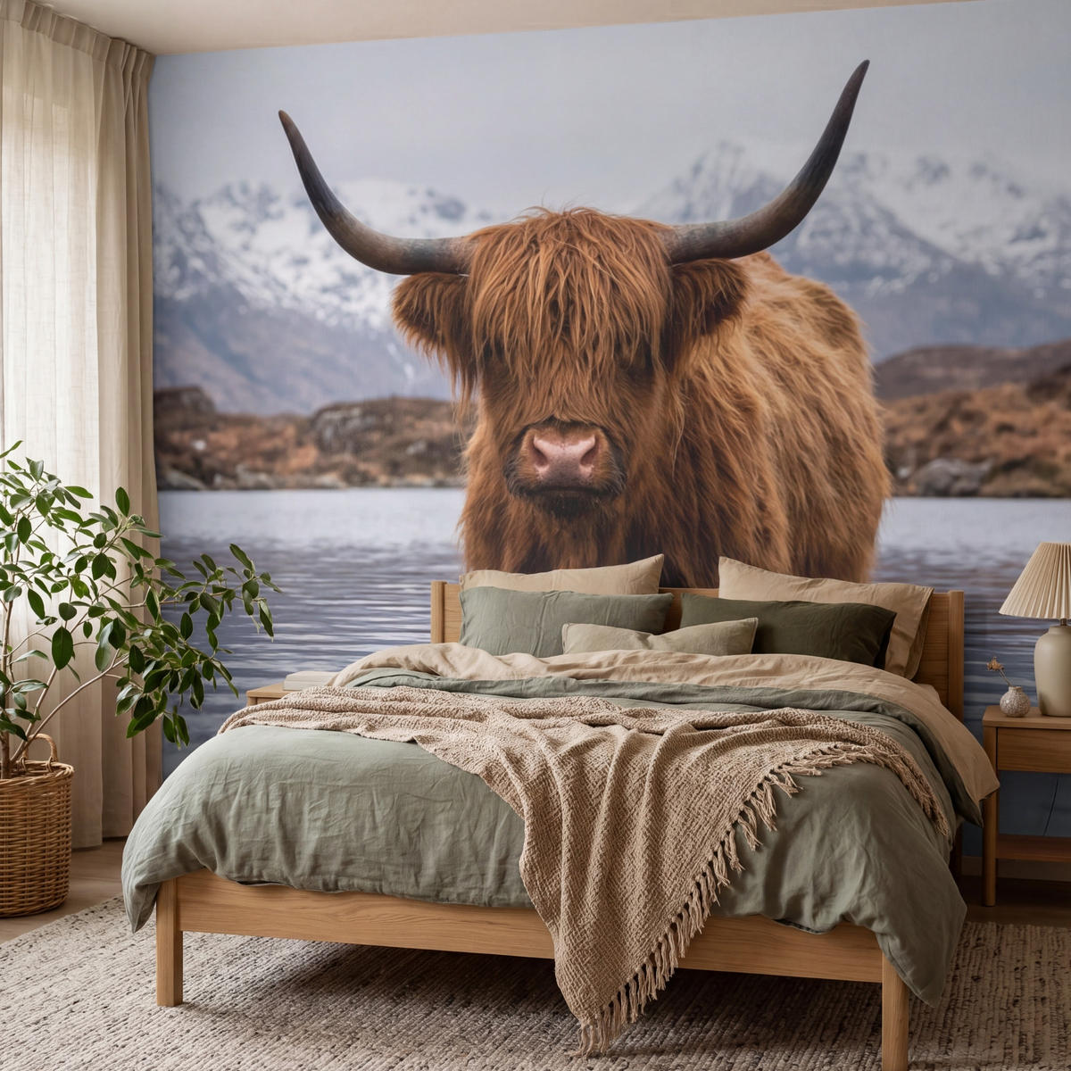 TAPETE - Schottischer Hochländer - Braun - Wasser - 350x300 cm - Braun, Papier (350/300cm) - OnlyWow