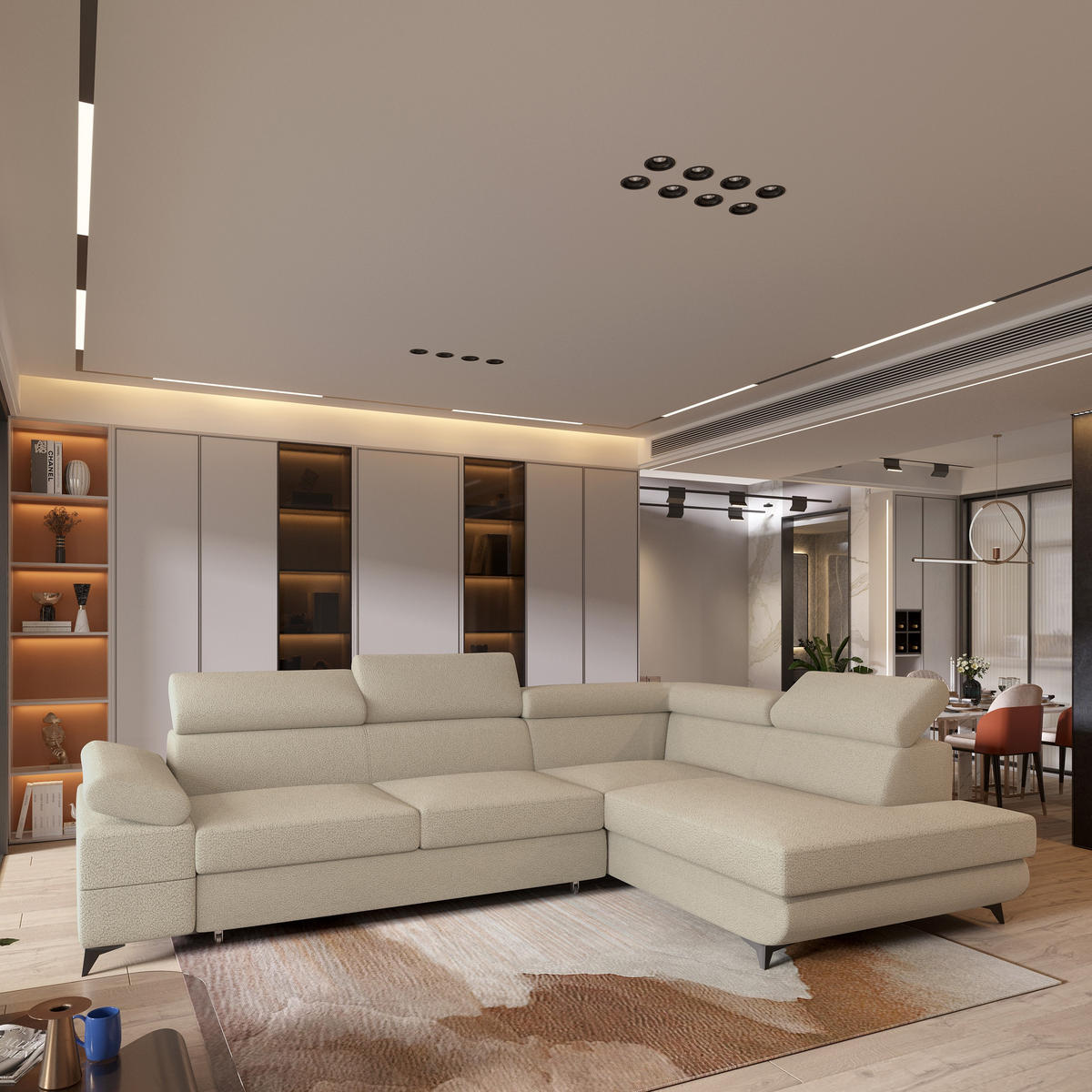 ECKSOFA FAVIEN R-S Beige Boucle-Stoff mit Schlaffunktion - Beige, Holz (257/190cm) - MASSENO