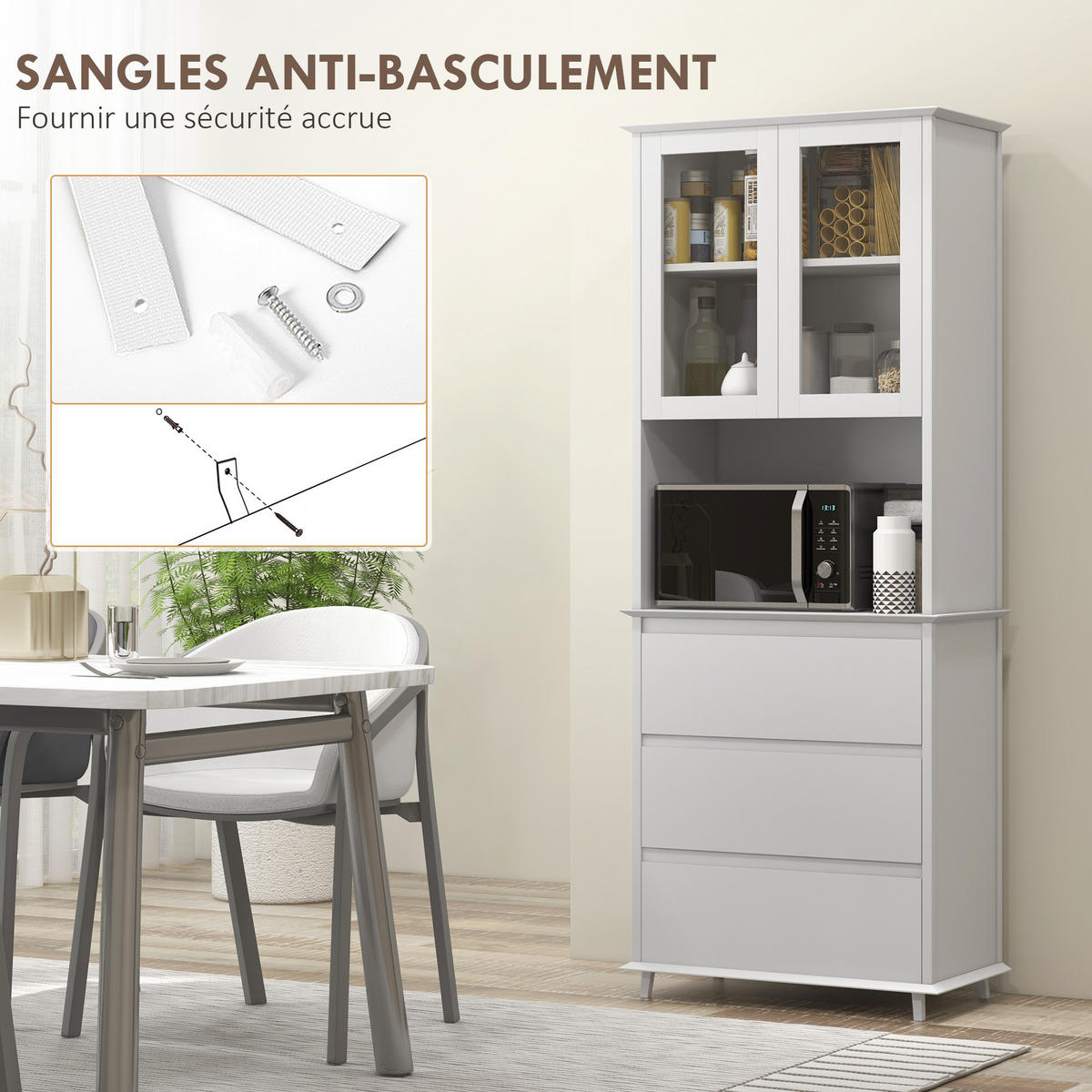 KÜCHENSCHRANK Weiß, 2 Glastüren, 3 Schubladen, 68/38/172 cm - Weiß, Holzwerkstoff (68/172/38cm) - PANGIVO