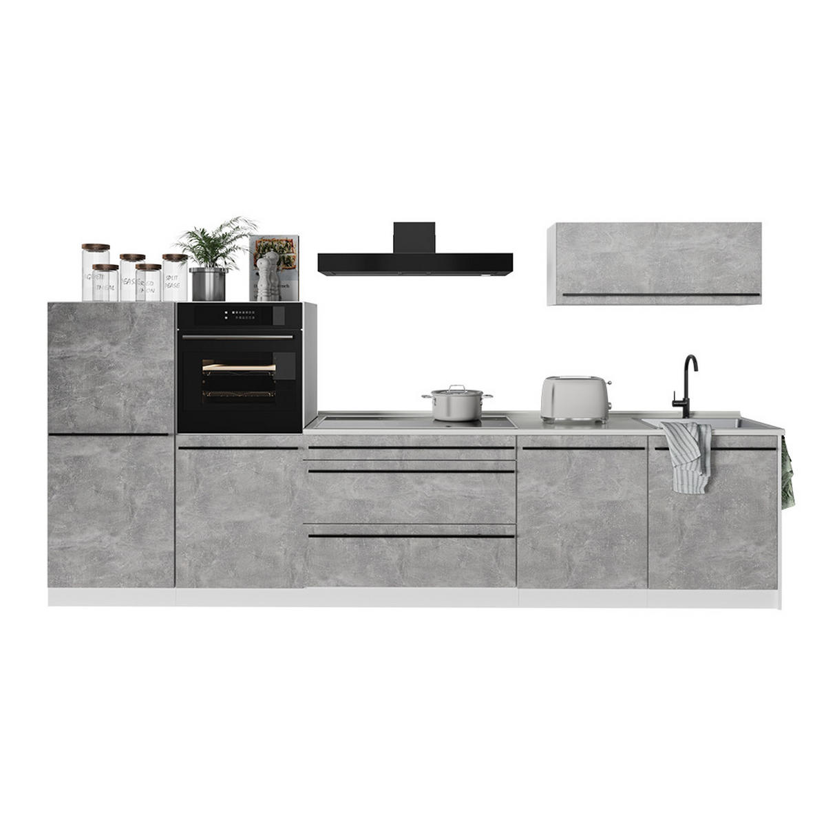 KUCHYNKA R-Line, betón/biely, 340 cm antrasiitti työtaso - sivá/biela, kompozitné drevo (340/143/60cm) - Vicco