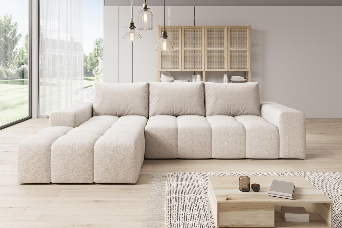 ECKSOFA Cento, L-Form, Ottomane links, Teddy-Bouclé-Stoff, 285x56x180 cm, Beige - Creme, Holz (180/285cm) - PROMETO Möbel