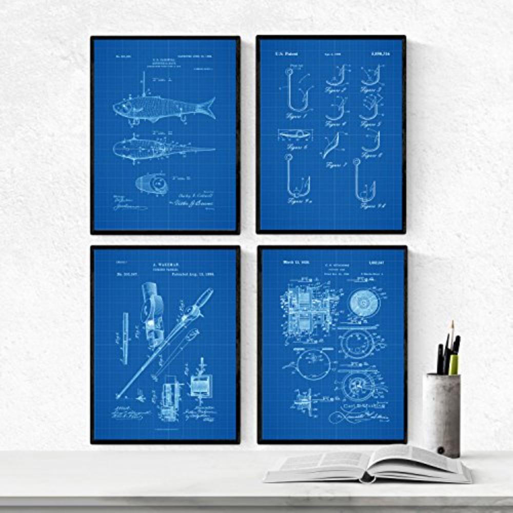 POSTER Set mit 4 Blau FISCHT Patent A4 Rahmenlos - Klar, Papier (29.7/3cm) - Nacnic