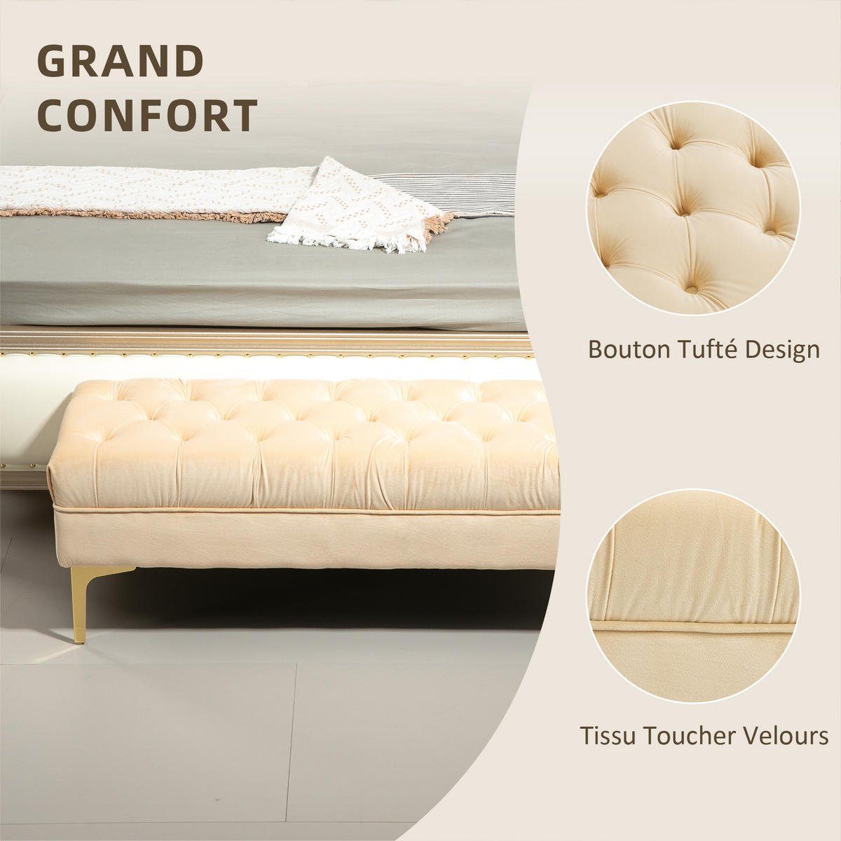 HOCKERBANK DE-12847 Knopfheftung und Goldbeine Beige - Beige, Textil (45/42/118cm) - ComfortXL