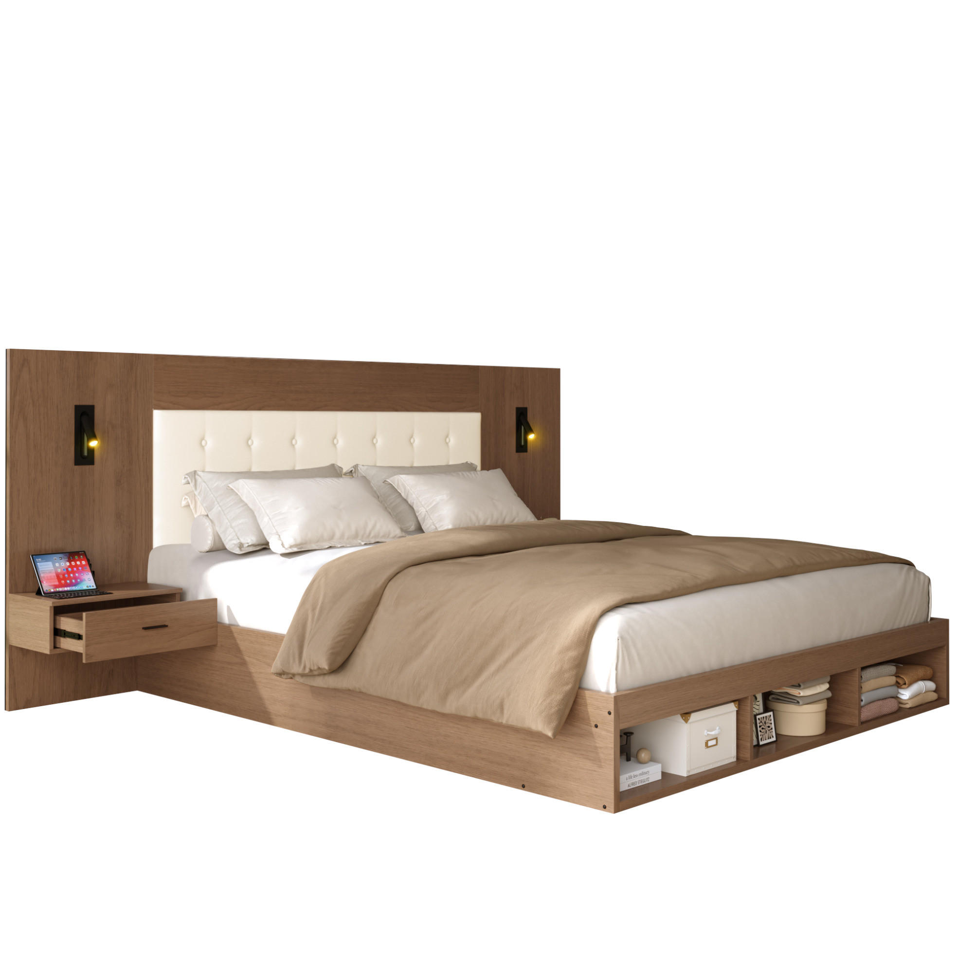 POLSTERBETT aus MDF 180x200 cm Walnuss mit USB- und Type-C-Anschluss, Leselampen, Stauraum und 2 Nachttischen - Nussbaumfarben, Holzwerkstoff (180/200cm) - Modfu