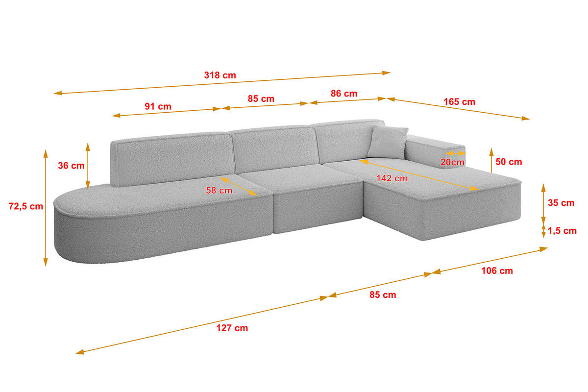 ECKSOFA Ottomane Rechts IREA-L2-v4 - 318x165x72,5 cm Hellgrau - Hellgrau, Holzwerkstoff/Textil (318/165cm) - ALTDECOR