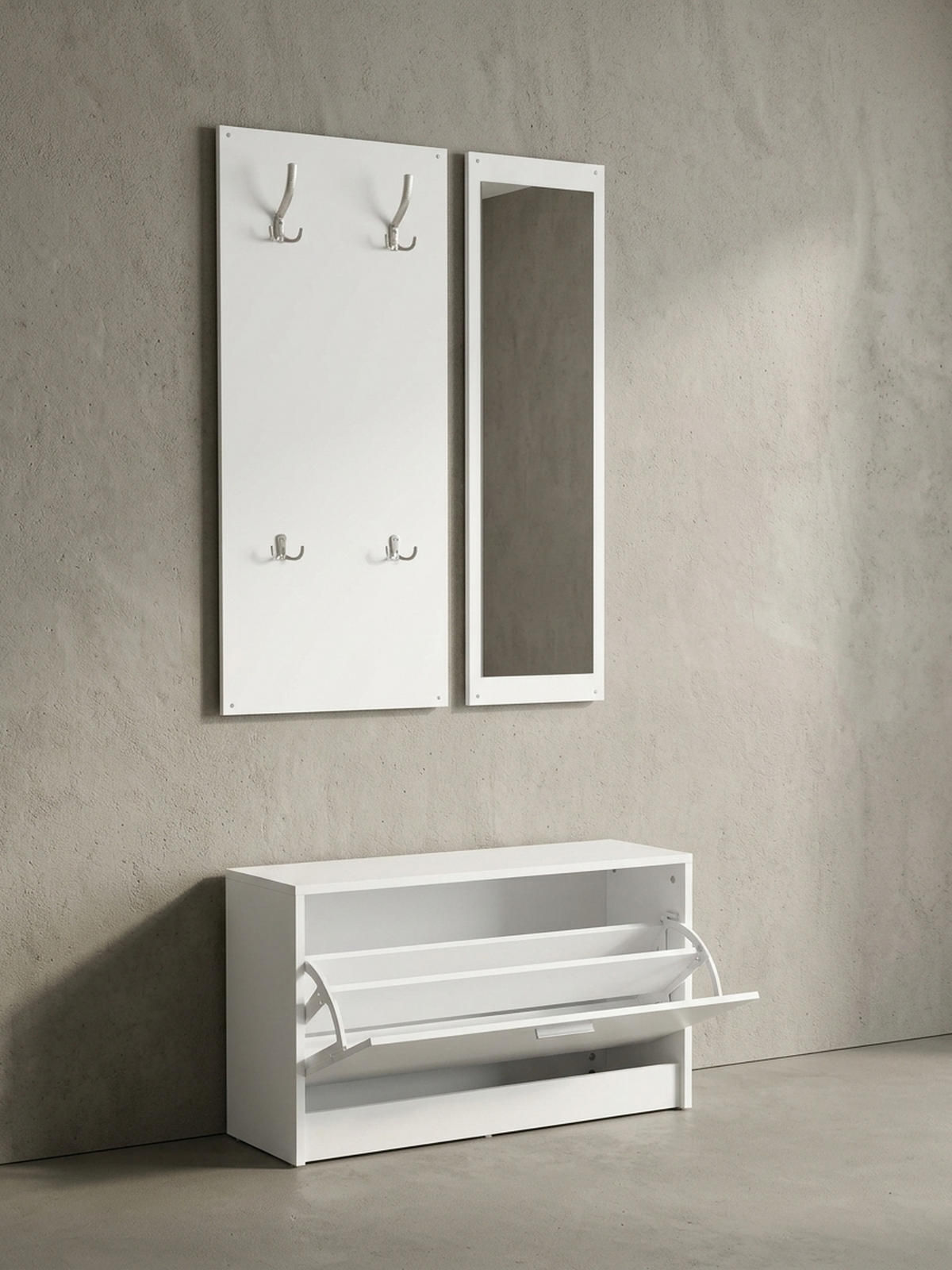 WANDGARDEROBE mit Spiegel, 10 Haken und Platz für 8 Paar Schuhe DELFT, Weiß 80x27x180 cm - Weiß, Holz (80/180/27cm) - KADIMA DESIGN