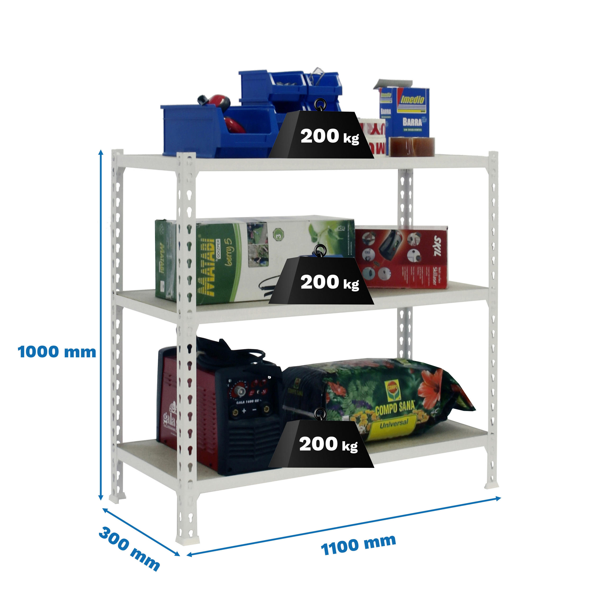 SCHWERLASTREGAL Small Muli HxBxT 100 x 110 x 30 cm 3 Fachböden Fachlast 200 kg Weiß - Weiß, Metall (110/100/30cm) - PROREGAL
