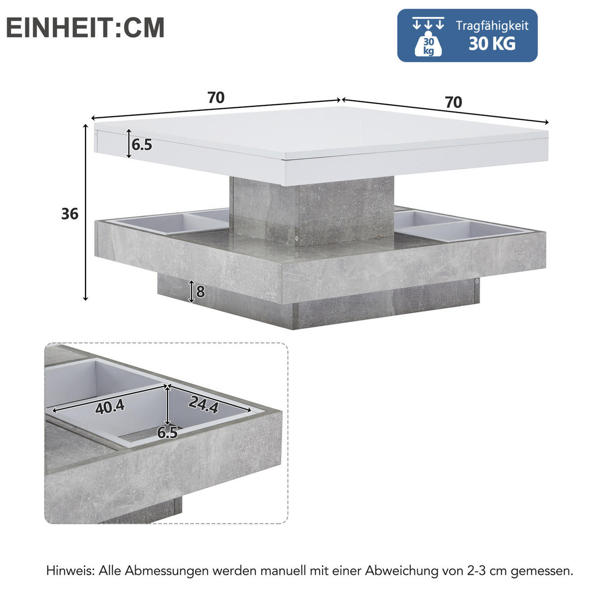 COUCHTISCH 70/70/36 cm in Weiß mit 360° drehbarer Hochglanzplatte - Weiß, Holzwerkstoff (70/70/36cm) - Flora Grace