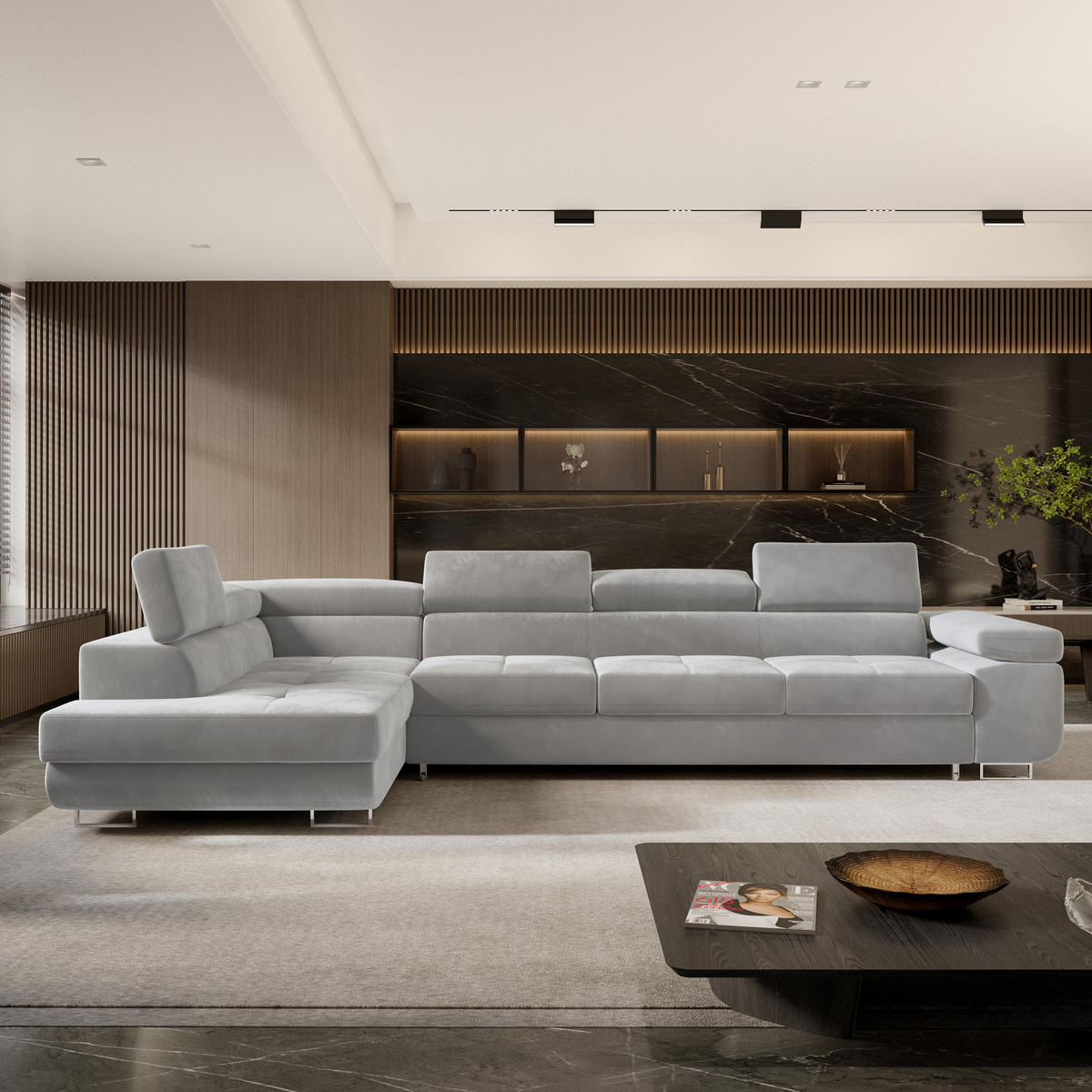 ECKSOFA VICENTE Hellgrau Velours-Stoff mit Schlaffunktion - Hellgrau, Holz (346/202cm) - MASSENO