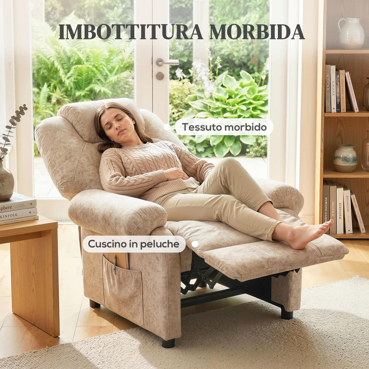 RELAXSESSEL,MANUELL Stoff ausziehbare Fußstütze Seitentasche,beige - Beige, Textil (91/108/88cm) - Vallsero