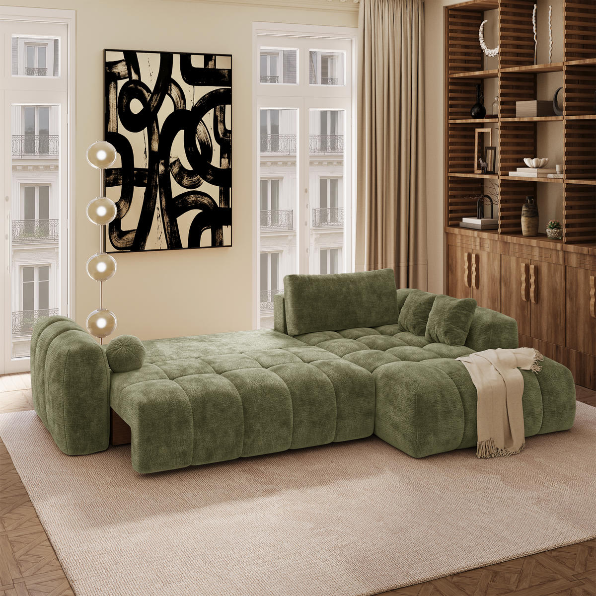 ECKSOFA rechtwinklig SKY Geprägter Samt Vintage-Grün 310cm - Dunkelgrün/Grün, Textil (310/180cm) - Premium Interiors