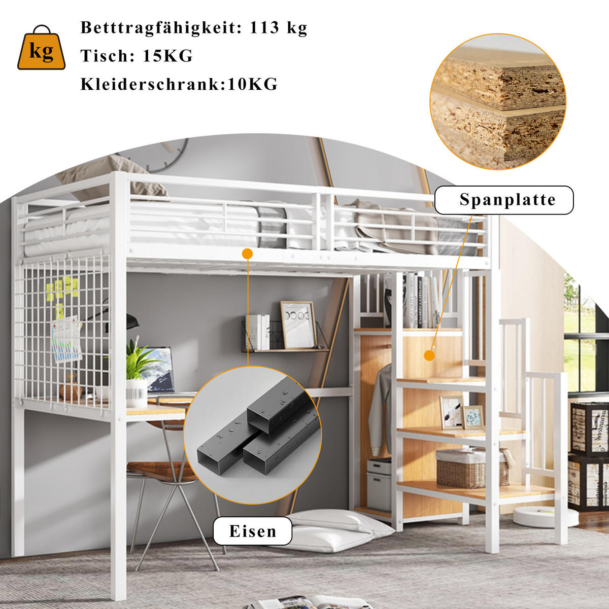 HOCHBETT 90/200 cm Weiß/Natur aus Eisen und Spanplatte mit Kleiderschrank und Tisch - Weiß, Holzwerkstoff (90/200cm) - OKMYHOME