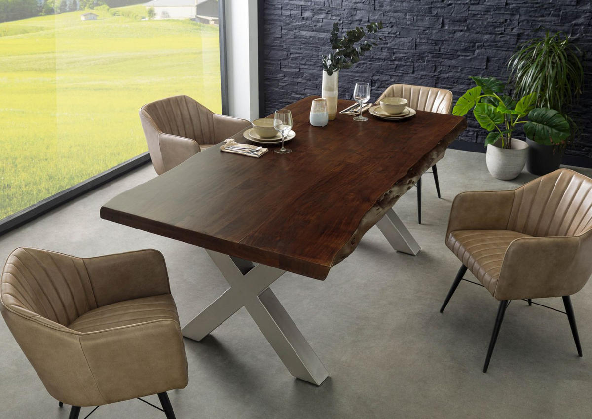 BAUMTISCH Akazie 180x90x77 braun lackiert / X-Beine silber matt FREEFORM 5 - Braun, Holz (180/90/77cm) - Massivmoebel24