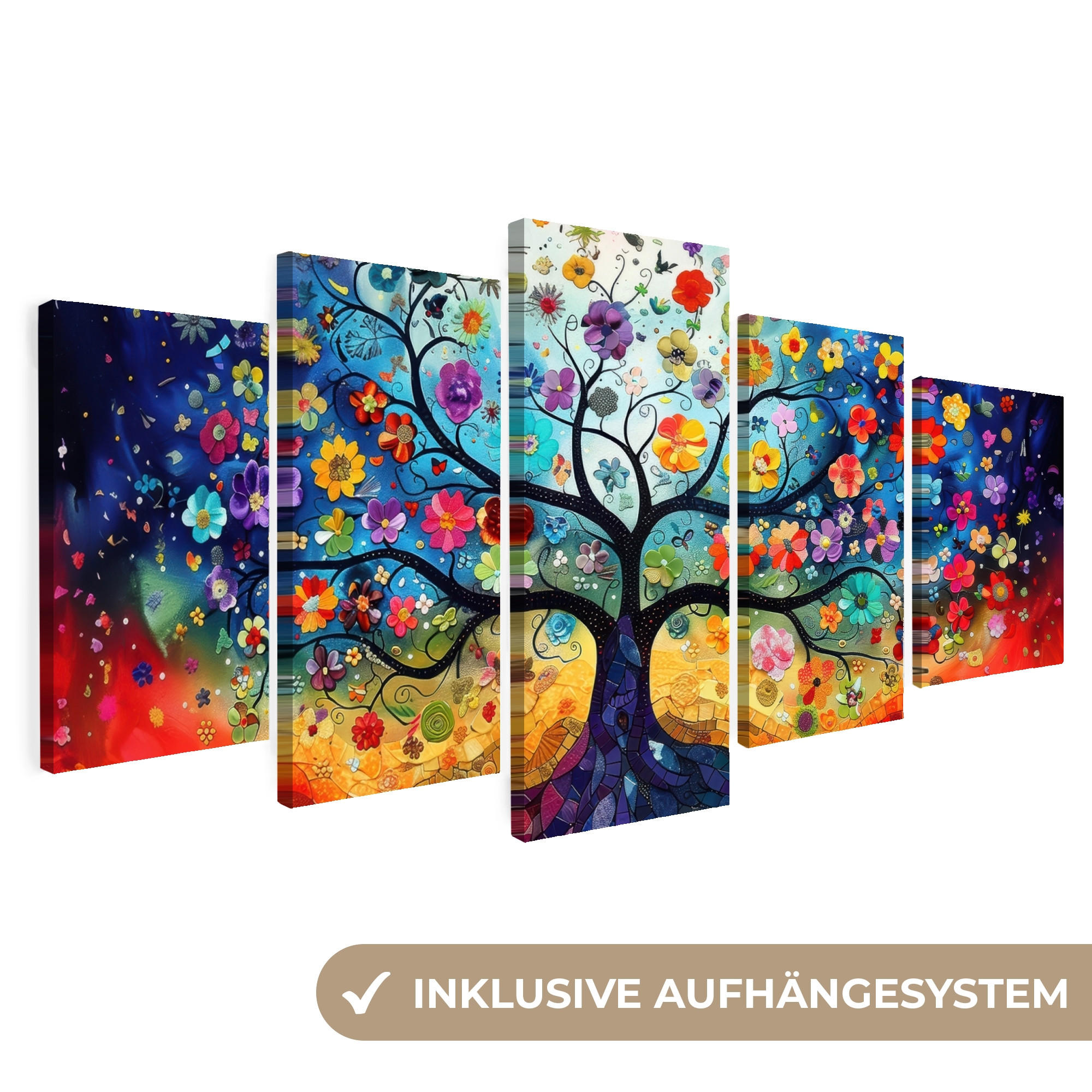 LEINWANDBILD 5er Set Bunt - Baum des Lebens - Blumen - Abstrakt 150x80 cm - Blau, Textil (150/80cm) - MuchoWow