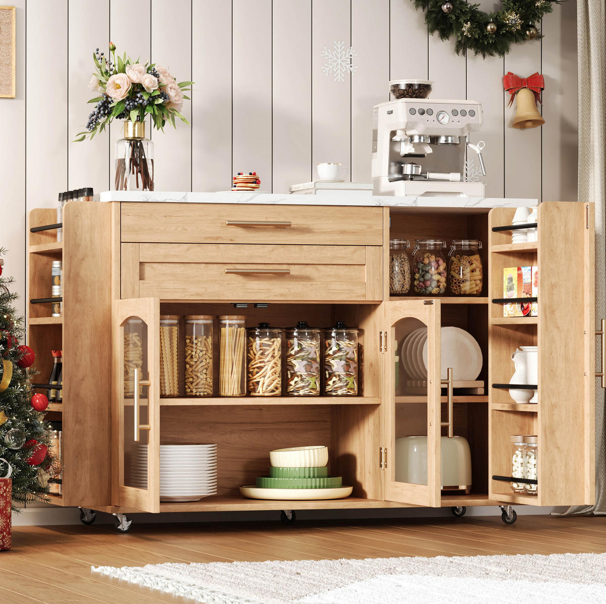 KÜCHENINSEL mit Klappplatte auf Rollen 138 x 70 x 90 cm Natural - Naturfarben, Holz (70/90/138cm) - Beauniv
