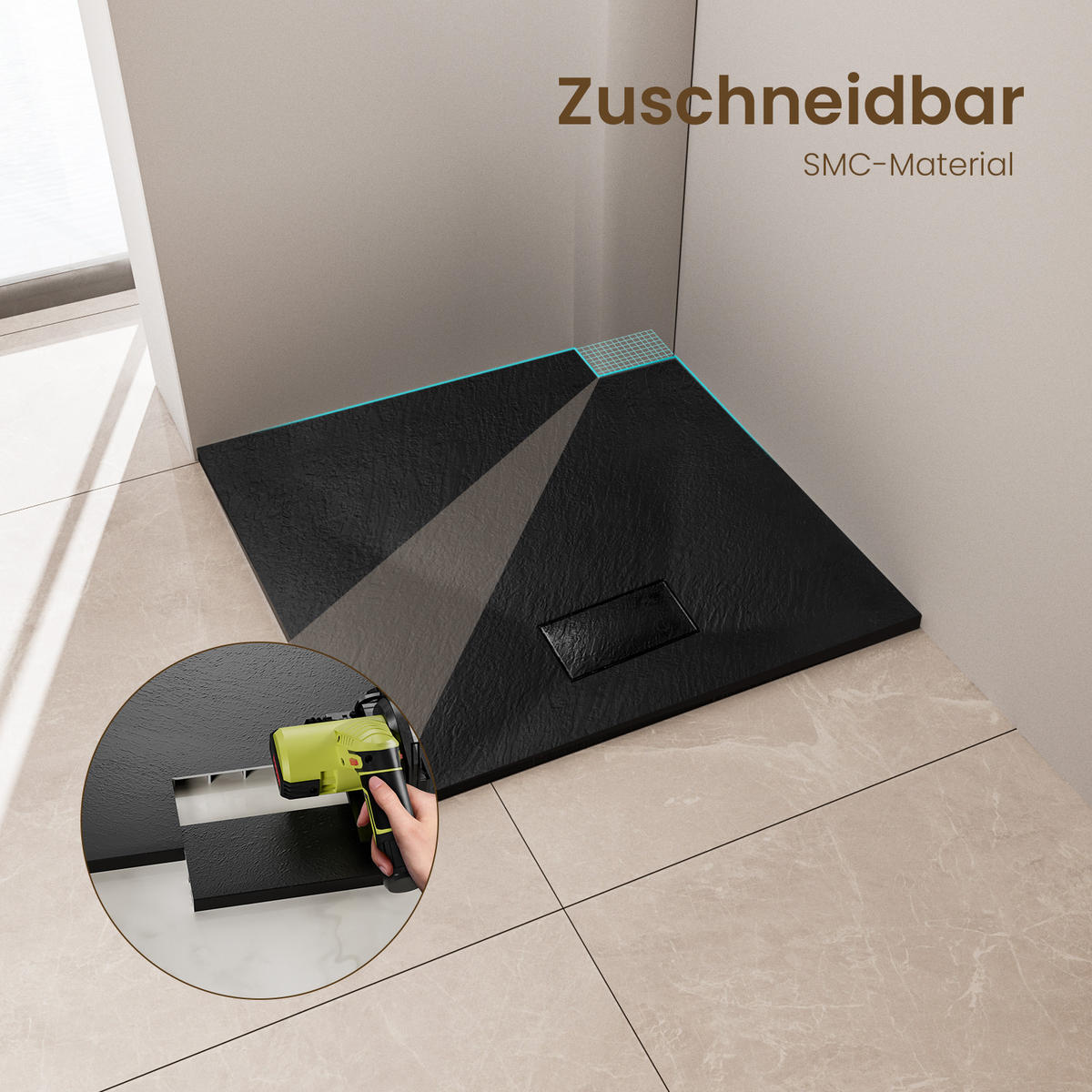 DUSCHWANNE mit rutschhemmender Oberfläche Schwarz 90/90 cm - Schwarz, Naturmaterialien (90/2.6/90cm) - EMKE