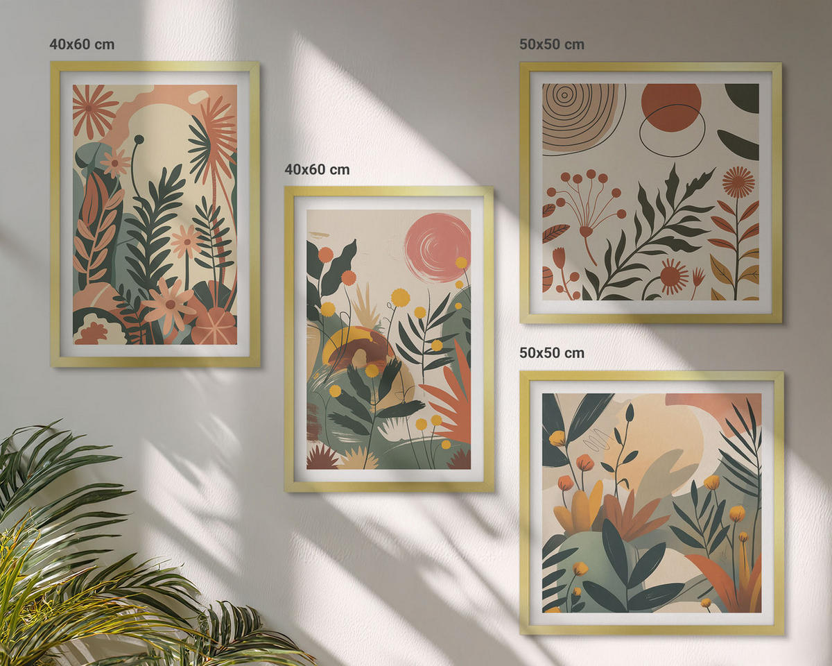WANDBILDER 4er Set - 50x50 cm & 40x60 cm Goldrahmen - Pastellfarbene Pflanzenmuster - Goldfarben, Kunststoff (50/50cm) - ArtPrintCave