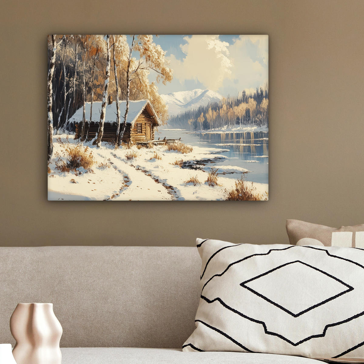 LEINWANDBILD Winter - Schnee - Zuhause - Natur 40x30 cm - Hellbraun, Textil (40/30cm) - MuchoWow