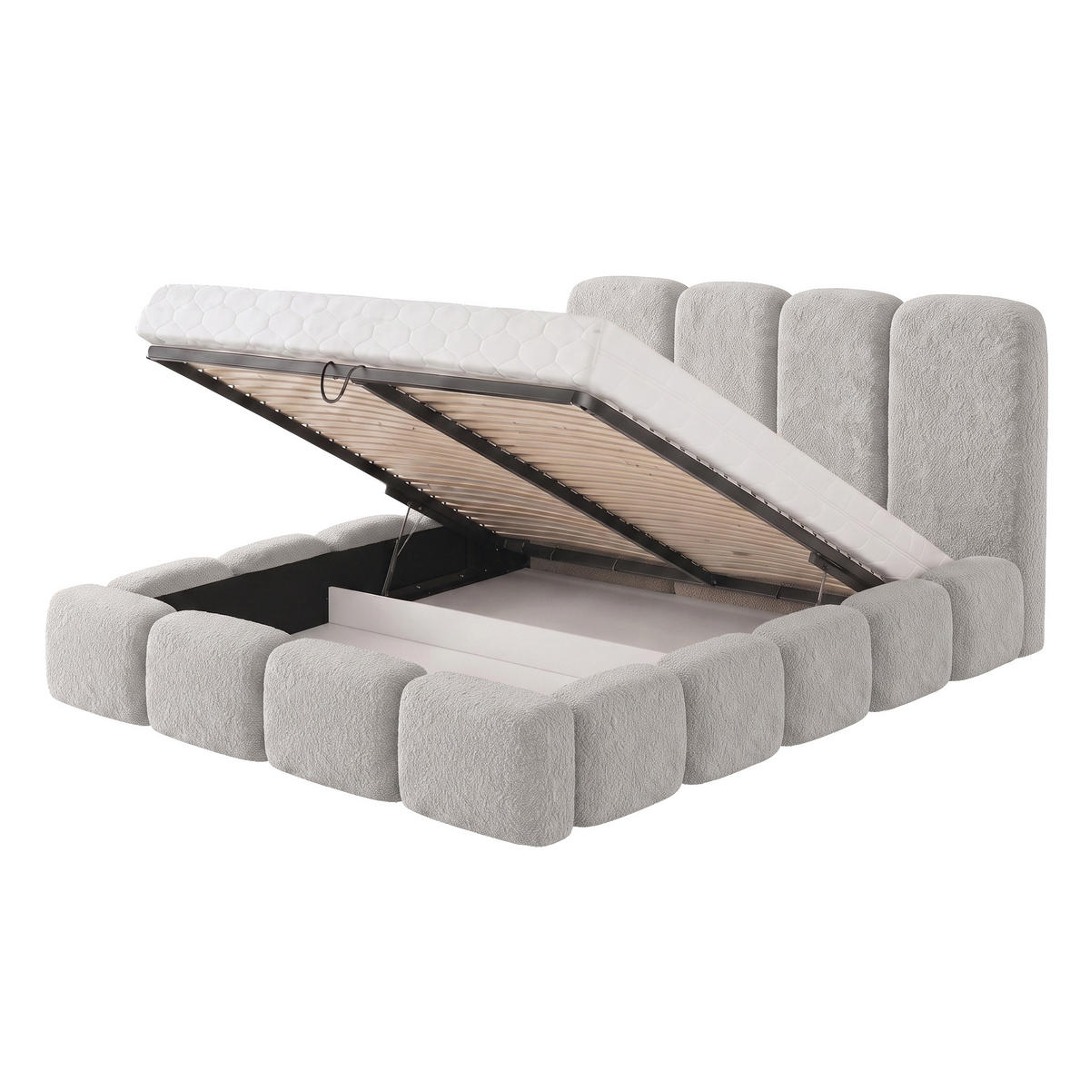 POLSTERBETT SUENO MAXI mit Matratze 140x200 cm in Hellgrau, gepolstertes Kopfteil, Metalllattenrost, Bettkasten, Bouclé-Stoff - Hellgrau/Naturfarben, Holz/Textil (140/200cm) - Muffo