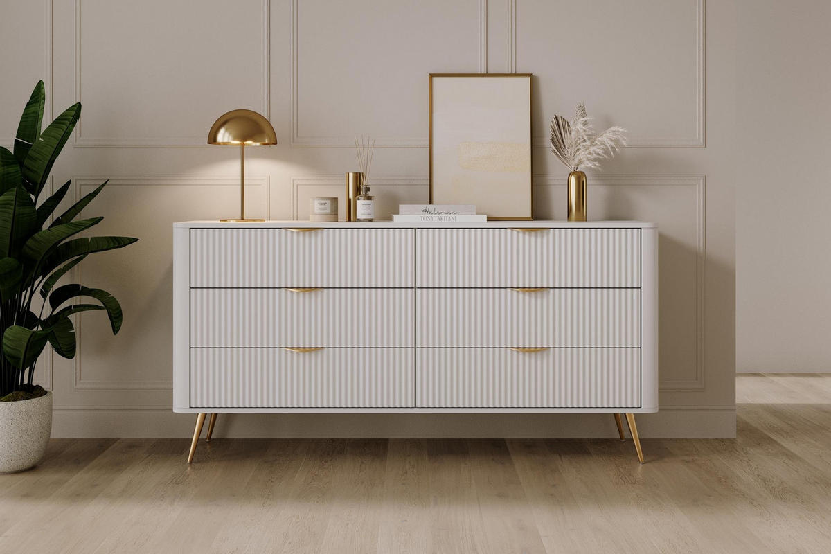 KOMMODE Lante Weiß, mit Schubladen, Goldene Beine - Goldfarben/Weiß, Holzwerkstoff (163/81/38cm) - Bettso