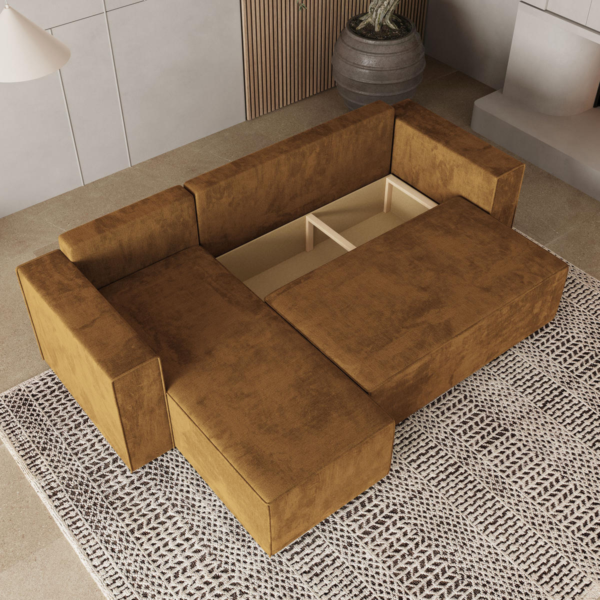 ROHOVÁ SEDAČKA RAVELO žlutá - šedá/žlutá, dřevo/textil (240/140cm) - MASSENO