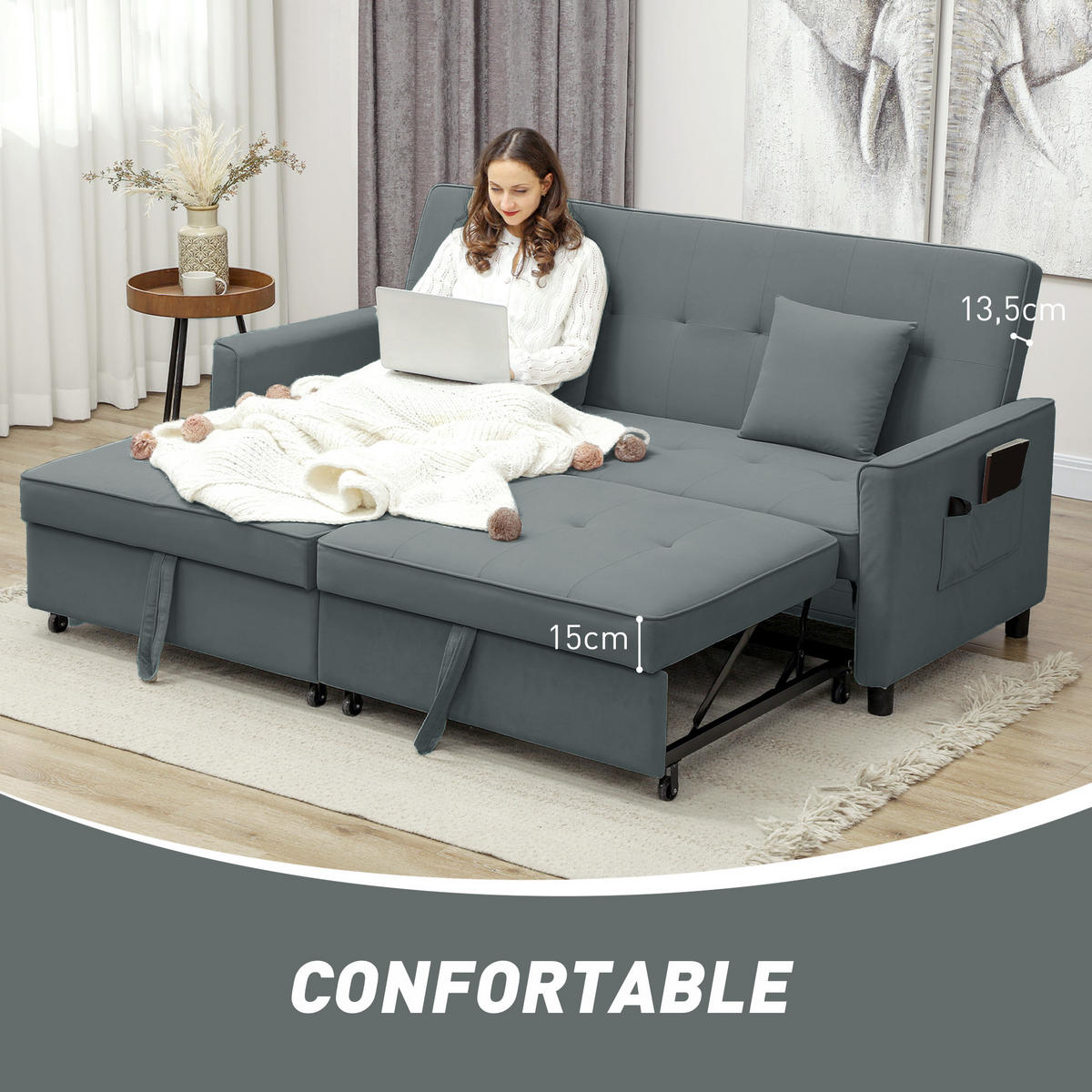 SCHLAFSOFA 3-Sitzer DE-13415 Grau - Grau, Textil (196/89/90cm) - ComfortXL