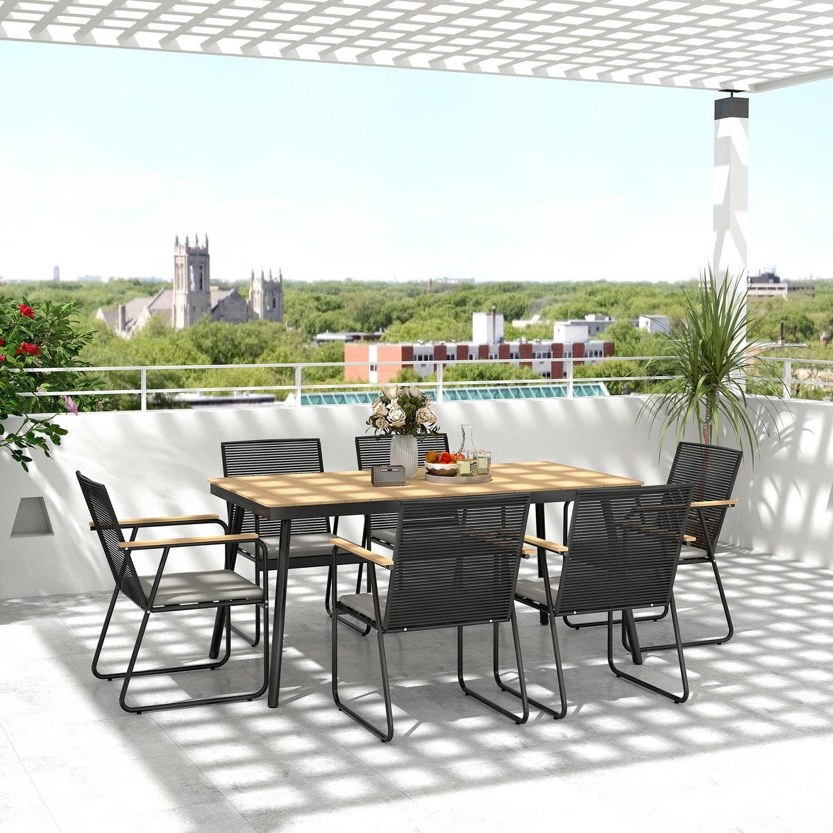 SITZGRUPPE 7-teilig Metall Essgruppe für 6 Personen Esstisch mit Tisch 6 Stühlen - Naturfarben, Metall - Outsunny