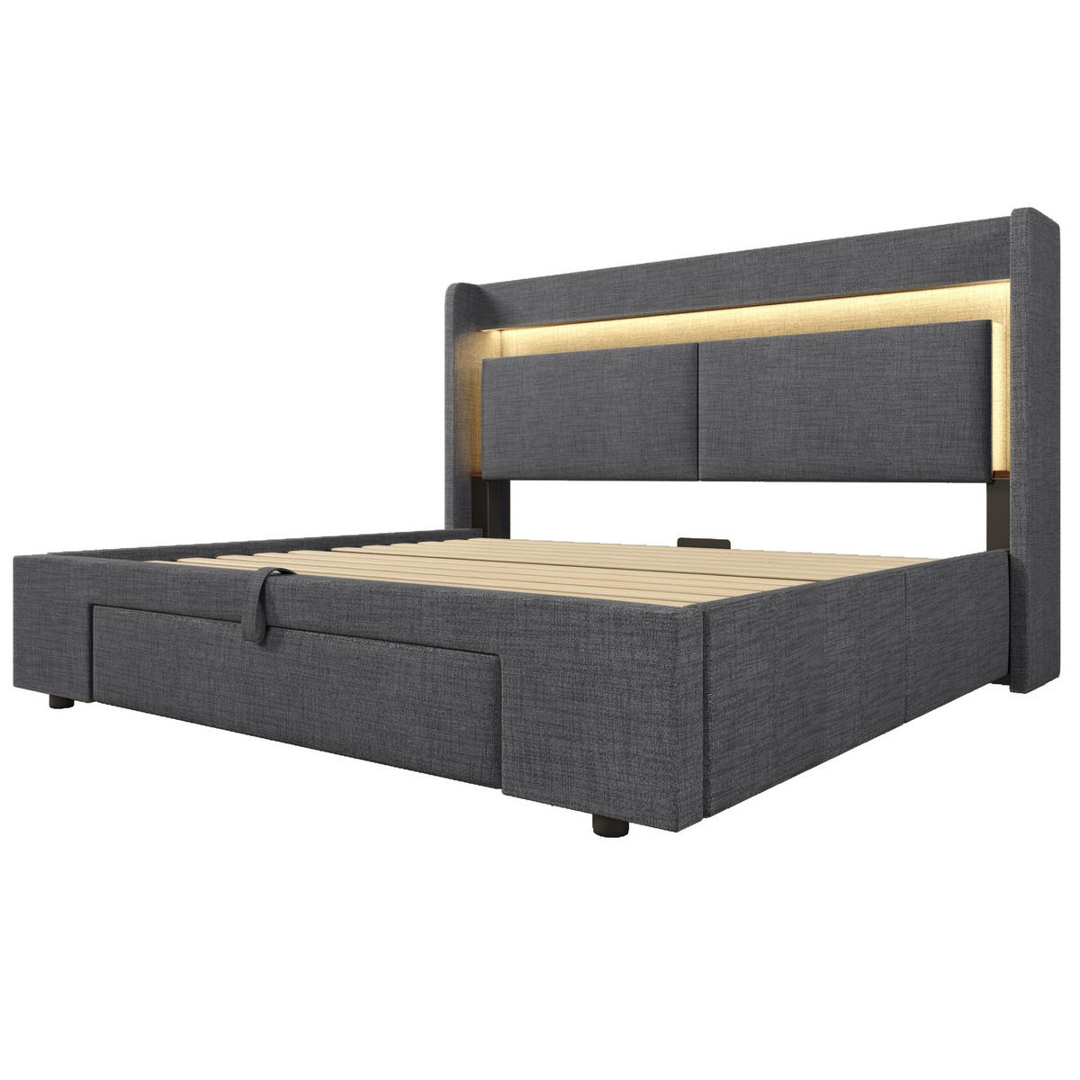 POLSTERBETT aus Leinen 160x200 cm in Grau mit LED & USB/USB-C Stauraum - Grau, Textil (160/200cm) - Modfu