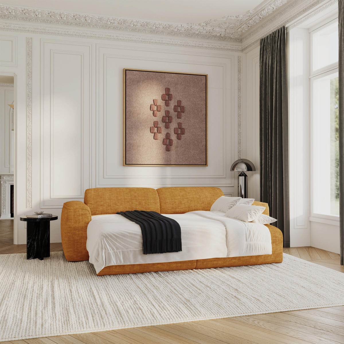 SCHLAFSOFA GERADE Texturierter Samt Senf 240cm - Dunkelgelb, Textil (240/73/97cm) - Sia Home