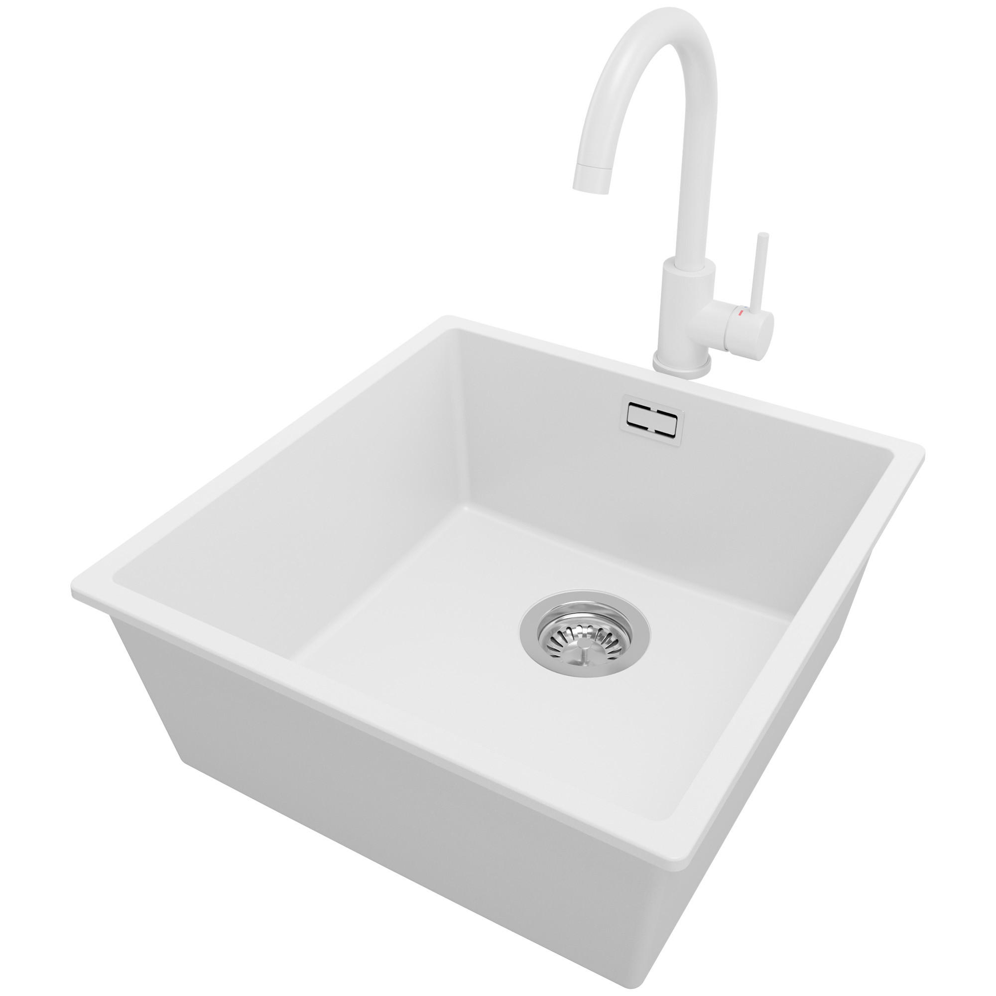 GRANITSPÜLE London, 3-er set Weiß 46/47 cm, 1 Becken + Küchenarmatur 32/20 cm + Ablauf-Set ab 50er Unterschrank - Chromfarben/Weiß, Kunststoff (46/20/47cm) - Primagran