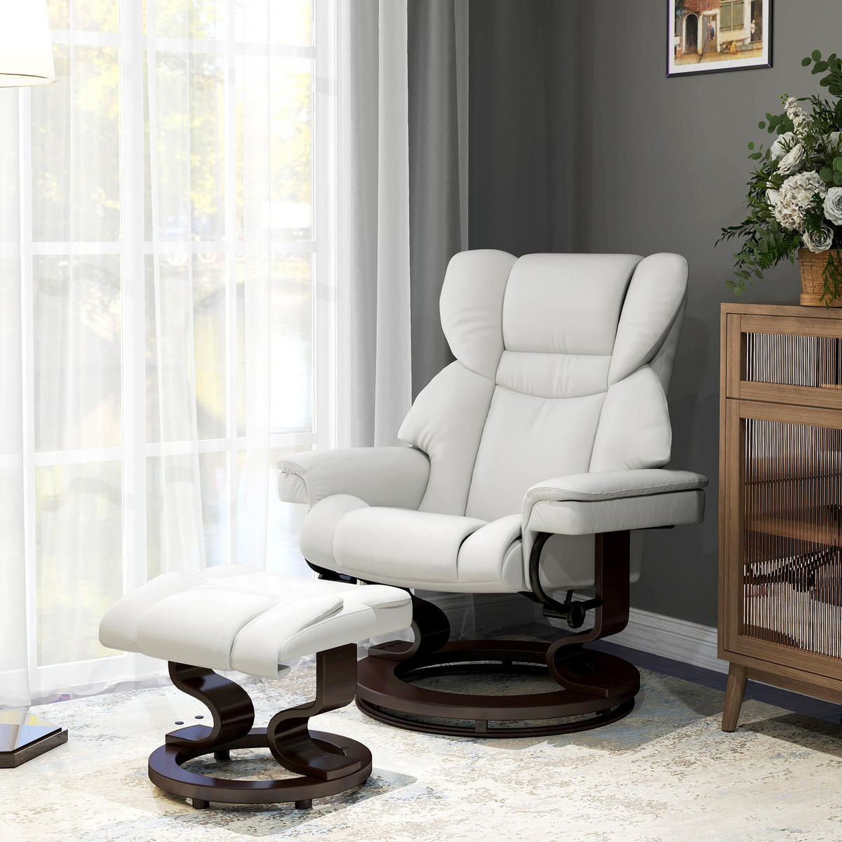 RELAXSESSEL 79/82/101 cm in Cremeweiß mit Massagefunktion und Fußhocker - Creme, Leder (79/101/82cm) - BEAOK