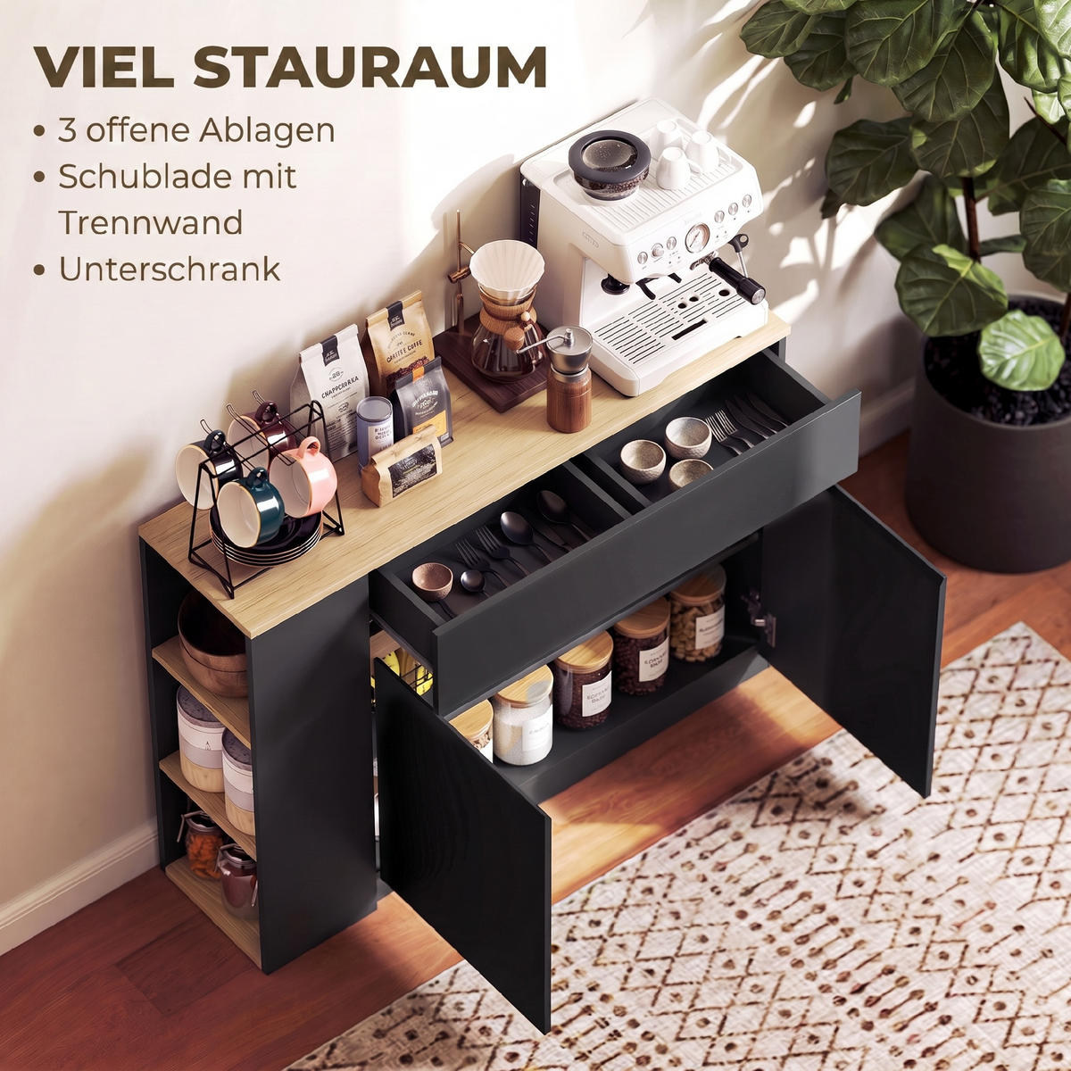 SIDEBOARD Küchenschrank mit Schublade, verstellbare Ablage, Aufbewahrungsschrank - Schwarz, Holzwerkstoff/Metall (29.5/82/110cm) - HOMCOM