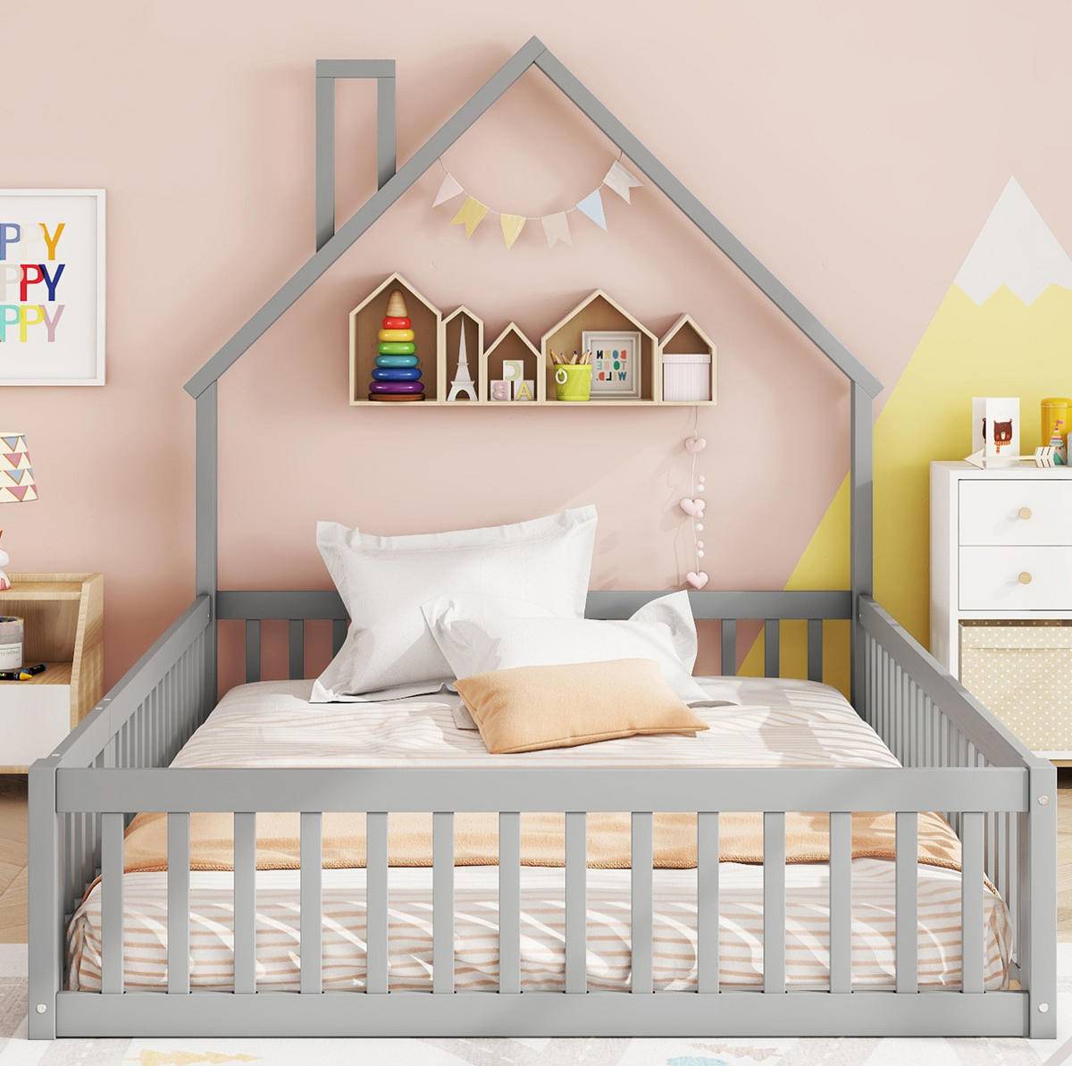 KINDERBETT 140/190 cm mit Lattenrost, Sicherheitsgitter und Schornsteinform aus Kiefernholz/MDF, Grau - Grau, Holzwerkstoff (140/190cm) - Redom