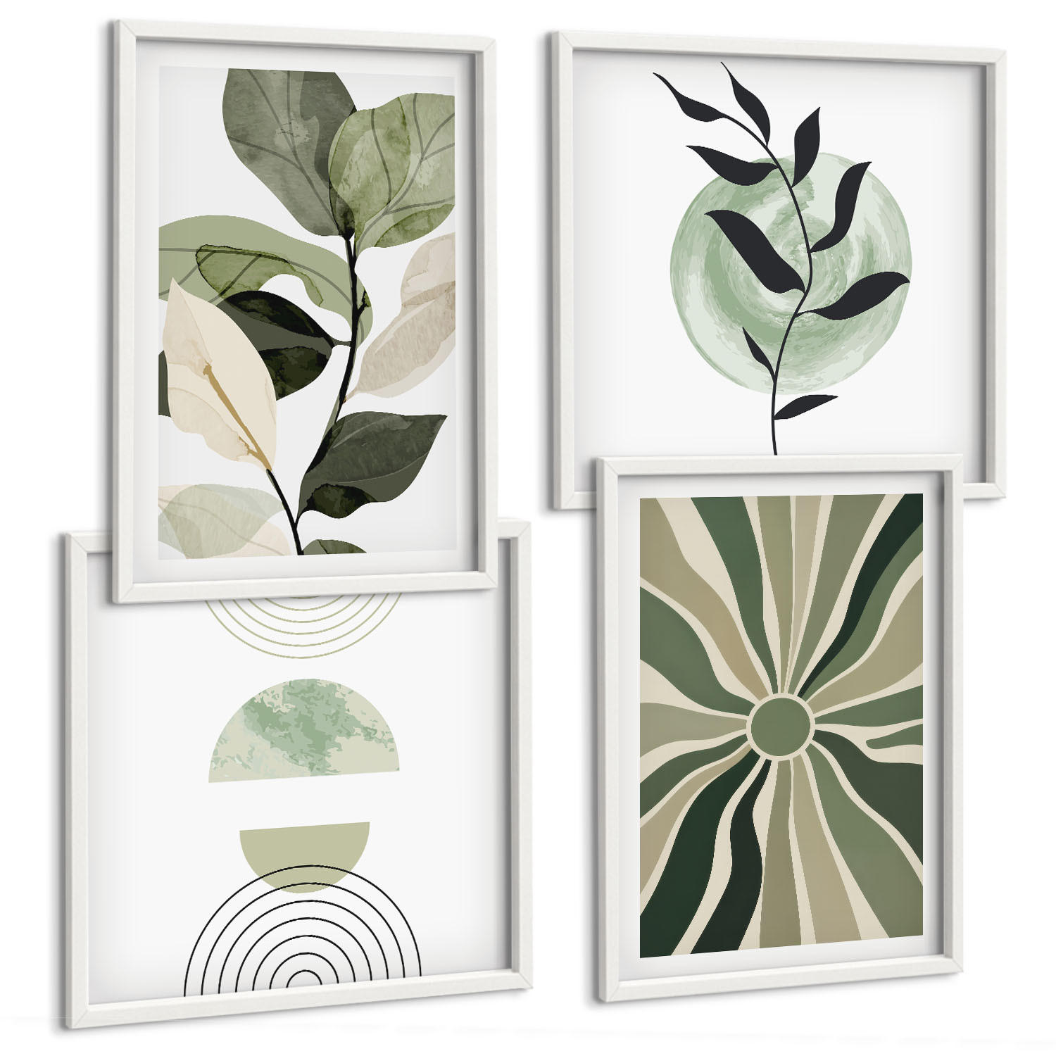 BILDER SET 4er Set - 50x50 cm & 40x60 cm Weißer Rahmen - Geometrische Pflanzenformen - Weiß, Kunststoff (50/50cm) - TULUP