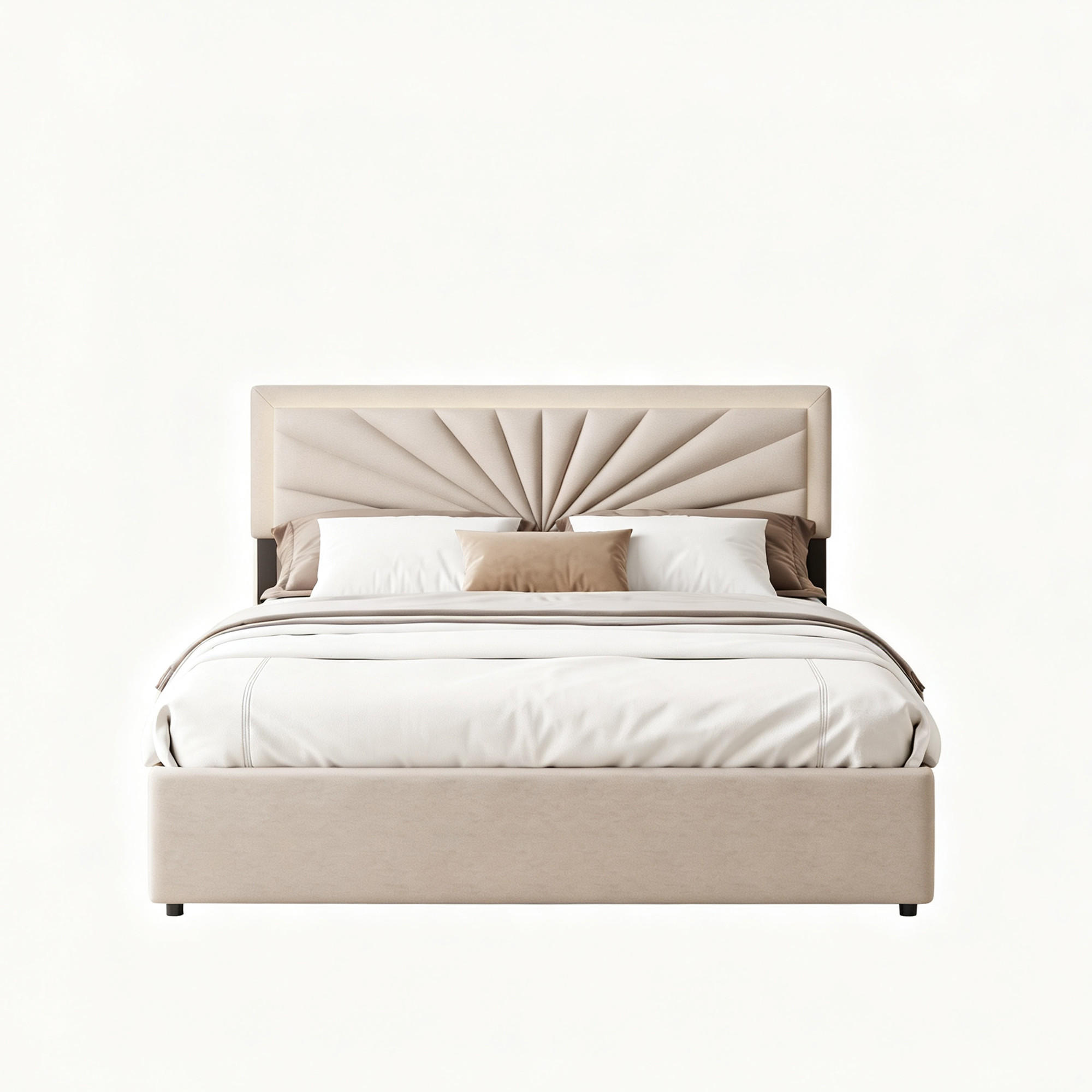 POLSTERBETT 160x200 cm mit Stauraum, Doppelbett 160 x 200 mit LED-Beleuchtung, 4 Schubladen, Lattenrost, beige Leinenstoff - Beige, Holz/Holzwerkstoff (160/200cm) - GENKI LIVING