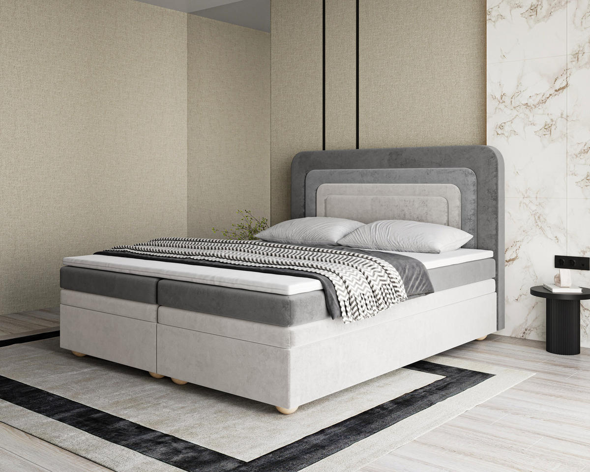 BOXBETT - Bett 10 NEST - Riviera - 140x200 cm - Modernes Polsterbett mit Bettkasten - Grau, Holz (140/200cm) - ROYAL24_MARKT